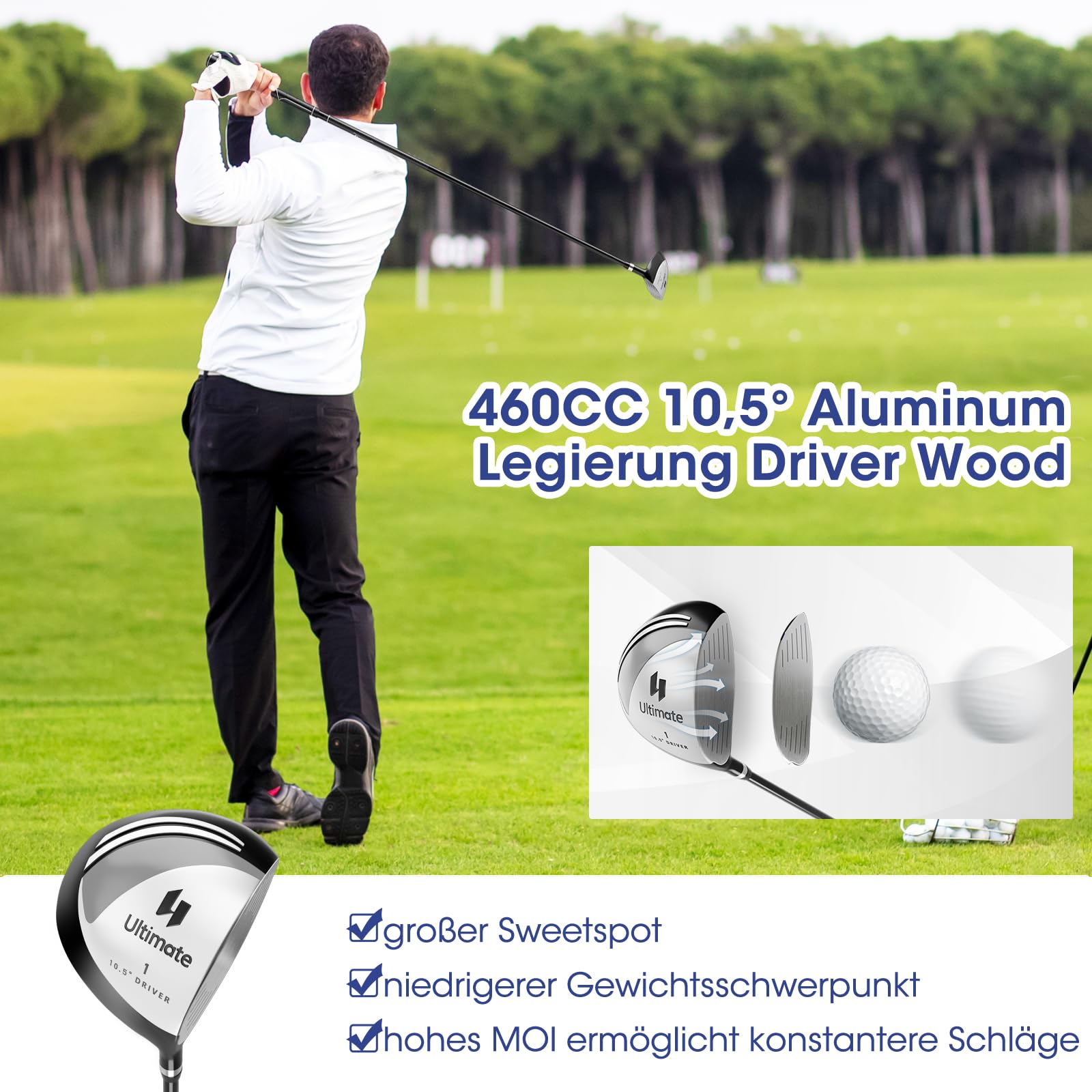 COSTWAY komplettes Herren Golfschläger Set, 9 teilige Golfschlägersätze rechtshändig mit Regenhaube, Golfset mit 1 Driver & 3 Fairway & 4 Hybrid & 6/7/ 8/9/ P Eisen & Putter (Grau)