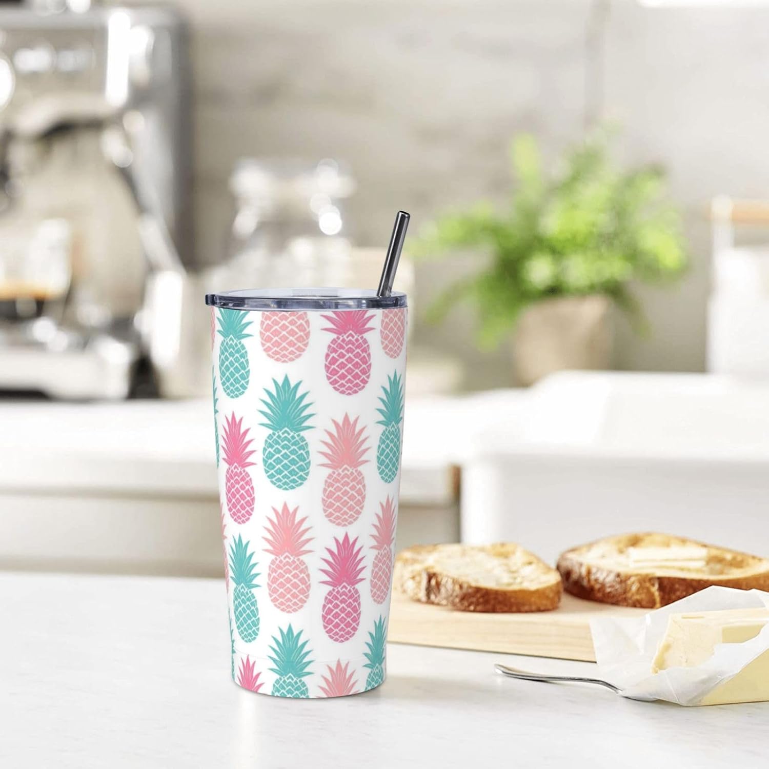 Pink Blue Pineapple 20oz Tumbler, Summer Fruit Pattern Stainless Steel Travel Coffee Mug with Lid Straw, Colorful Pineapples Double Wall Vacuum Insulated Coffee Cup for Hot and Cold Drinks - Image 7