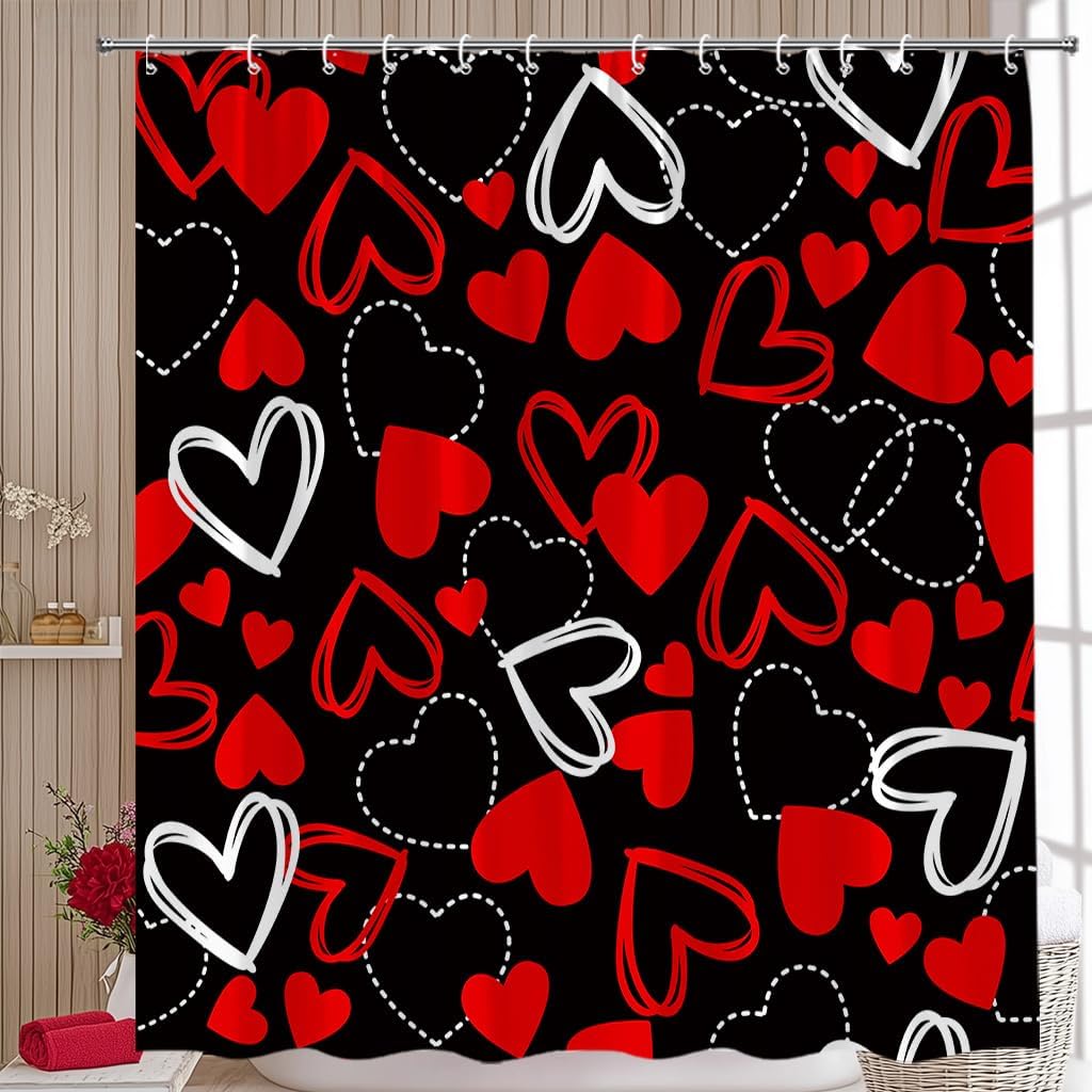 AMFD Valentines Shower Curtain Black Red White Heart Romantic Love Bathroom Curtains Decor Fabric Set Include Hooks,(70" Wx84 H)