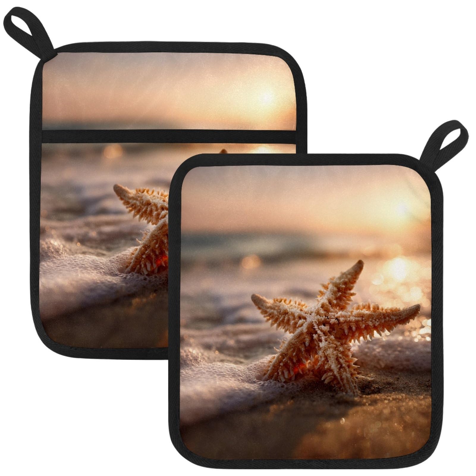 VAPOKF Starfishes Pot Holders with Pocket for Kitchen Heat Resistant Potholders Large Polyester-Cotton Square Oven Mitts Set
