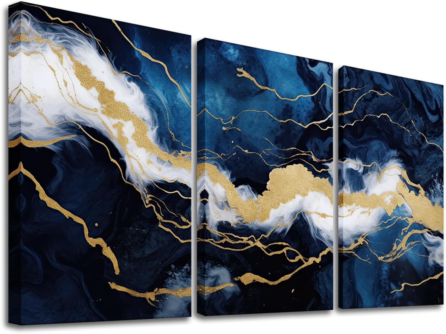 “Without original box”GLOKAKA Modern 3 Panel Marble Texture Canvas Wall Art Abstract Gold and Blue Color Print Painting Artwork for Home Office Dining Room Kitchen Wall Decor (Pattern 05, 16"x24"x3P)