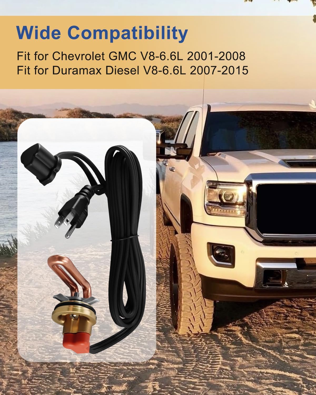 Engine Block Heater Fits for Chevrolet GMC 2001-2008 V8 6.6L, Diesel (Duramax), 2007-2015 V8 6.6L, Diesel (Duramax), 120V 1000 Watts 40mm Diameter, Threaded Engine Block Immersion Heater