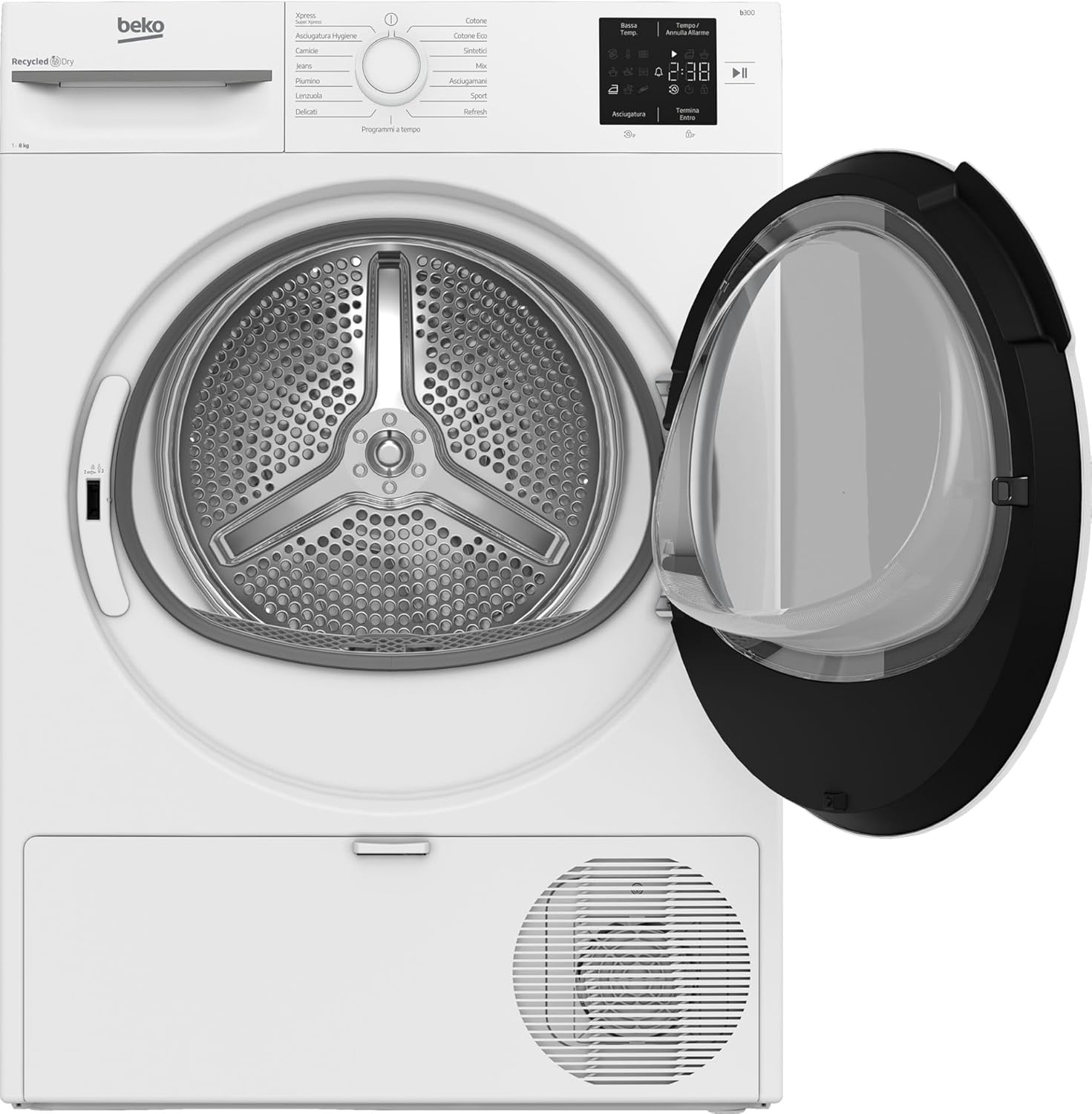 Beko BMTR38W dryer with door open, showing the drum interior
