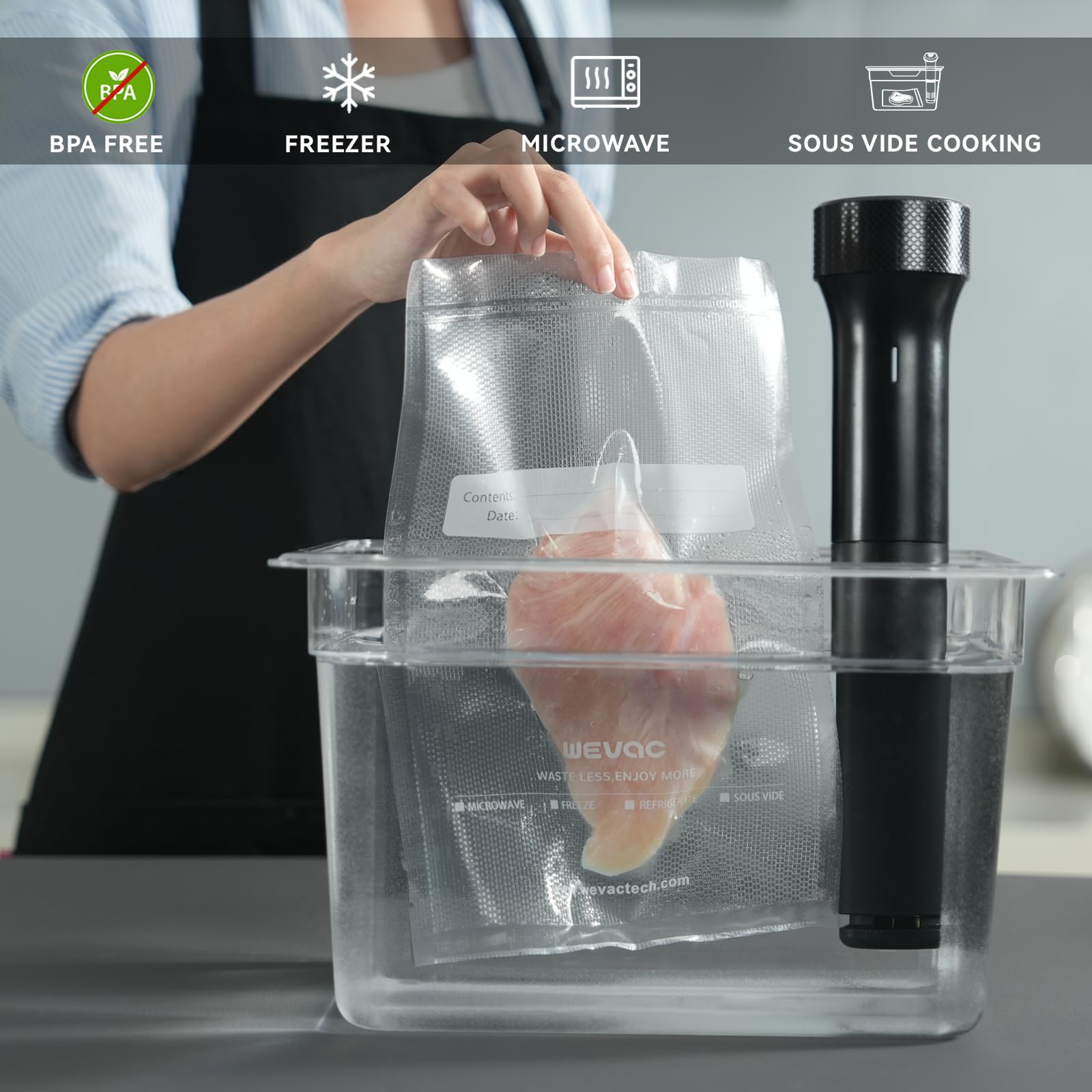 Bolsas precortadas de 8 x 12 pulgadas, 200 unidades, bolsas selladoras al vacío para alimentos, resistentes, ideales para almacenamiento de alimentos, Sous Vide y preparación de comidas, Wevac