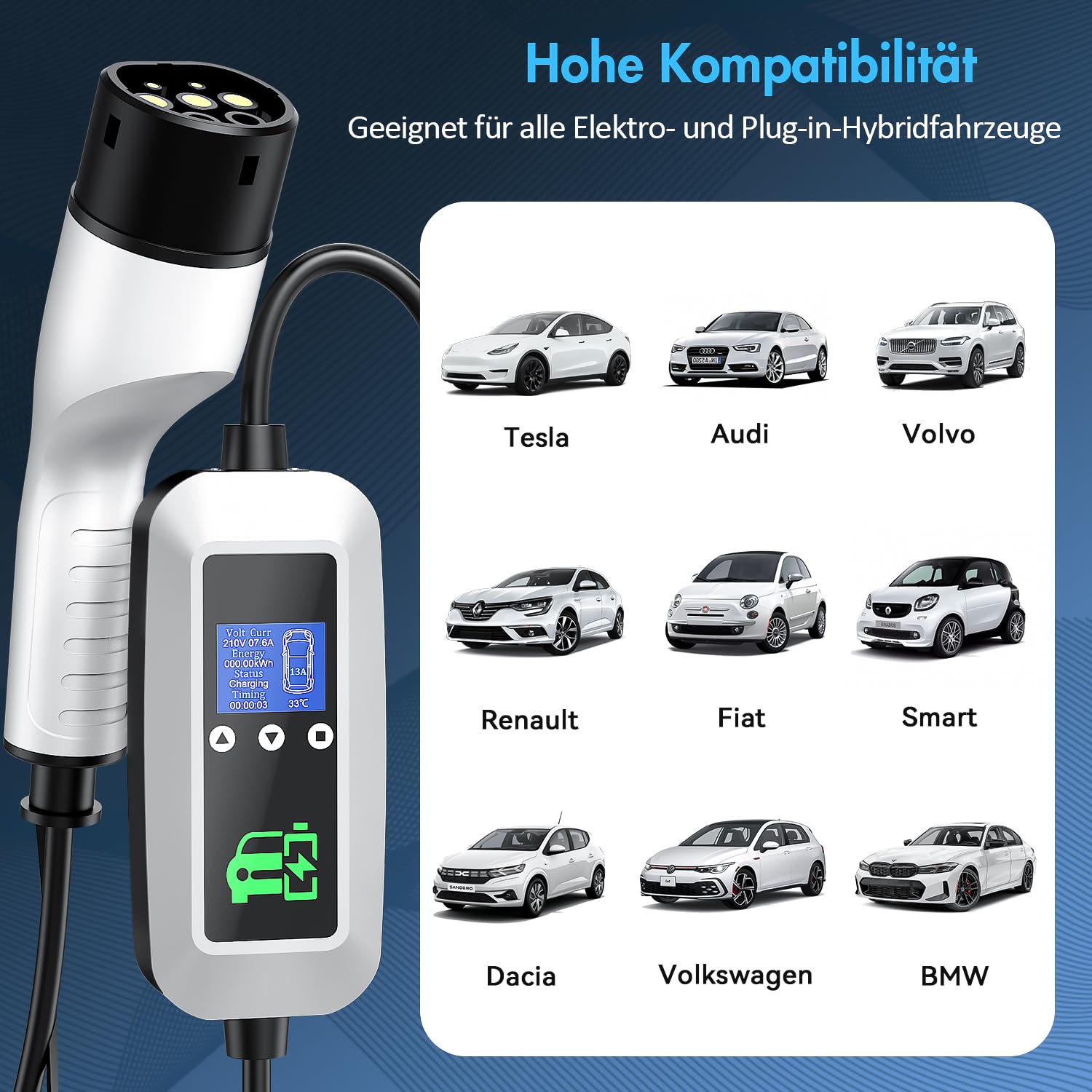 EV Ladekabel Typ 2 3.68kW, [6m, 16A, 1-Phasig],Ladekabel elektroauto typ 2 mit Steuerbarer Digitalanzeige und 0-12h Zeitverzögerung,Tragetasche und EV-Ladegeräthalterung für Allen PHEV und EV