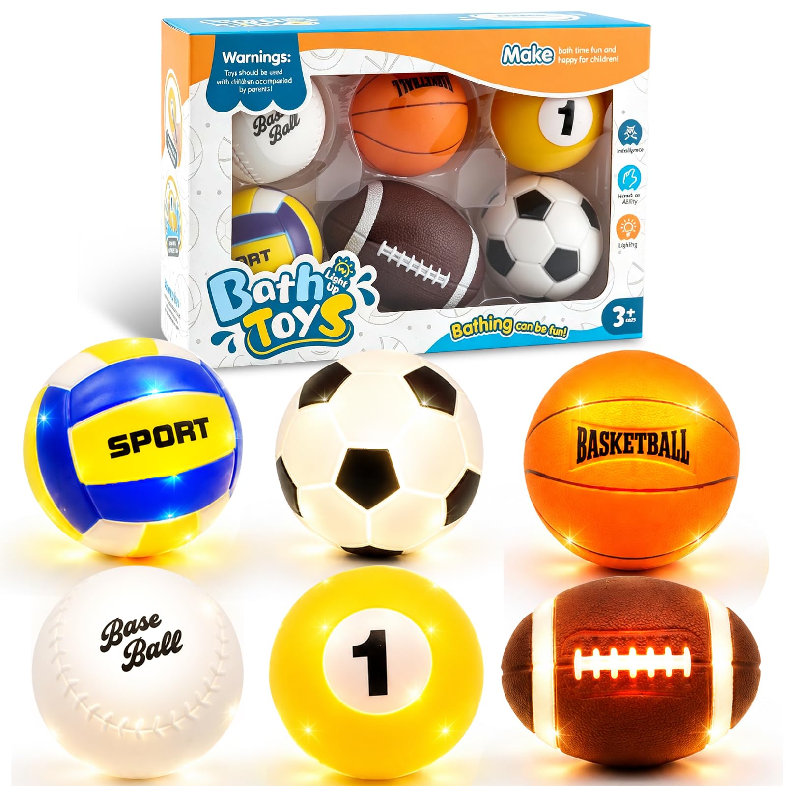 6 Pack Light Up Bath Toys Floating Ball Bath Toys Set