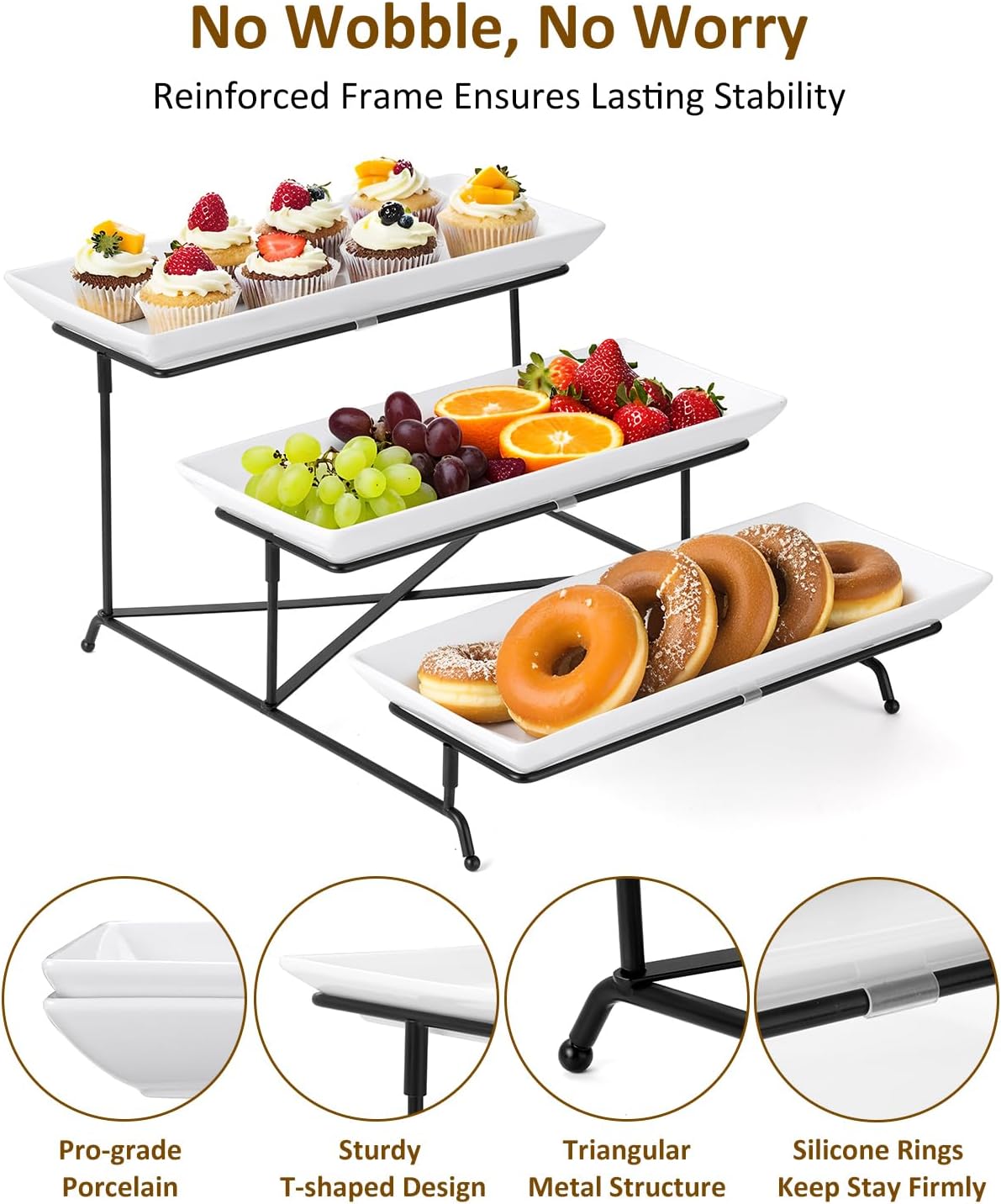 Yedio 3 Tier Serving Tray Set 14 Inch Porcelain Tiered Serving Trays Platters, Collapsible Sturdier Stand with Stable Cross Bars, Three Layer Serving for Party Entertaining Food Display Fruit Dessert - Image 6