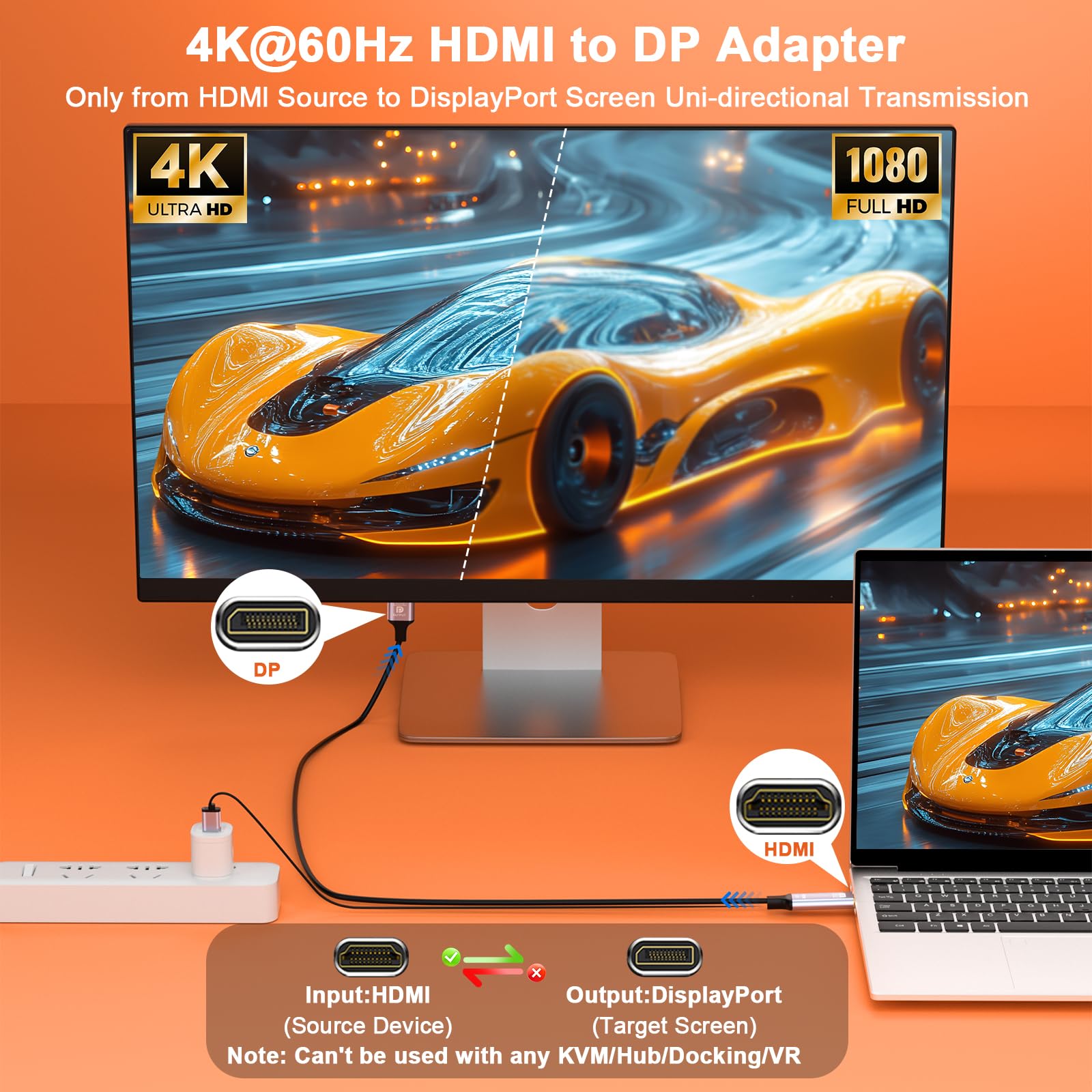 Adaptateur HDMI vers DisplayPort, 1,8 m actif 4K @ 60 Hz, câble tressé HDMI vers DP unidirectionnel HDMI vers DP avec alimentation USB pour PS5, Xbox Series X/S, Switch, PC, ordinateur
