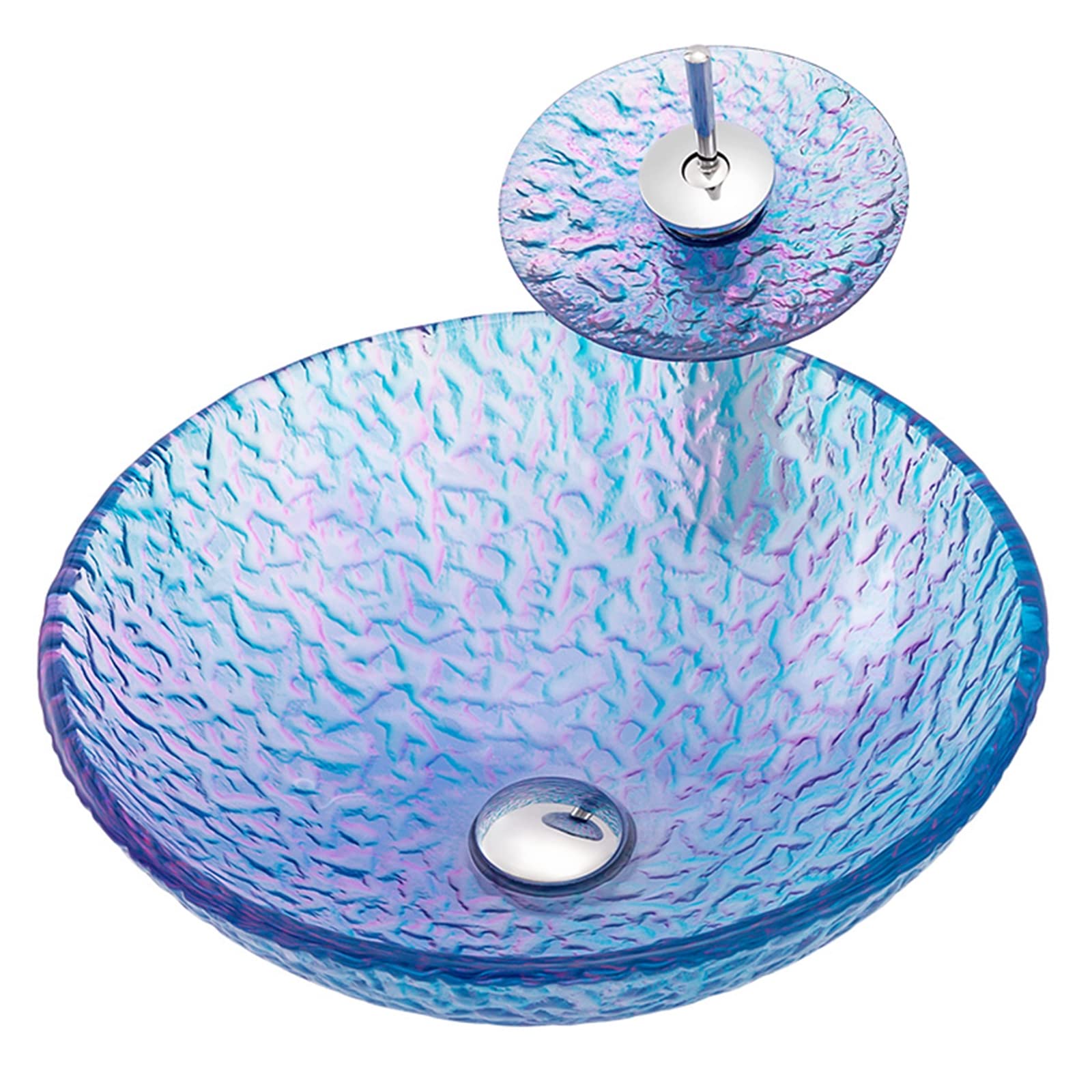 Gljtuo Blue Bathroom Vessel Sink,Tempered Glass Vessel Sink Gradient Artistic Vessel Sink With Faucets Pop-Up Drain, Round Countertop Bathroom Sink
