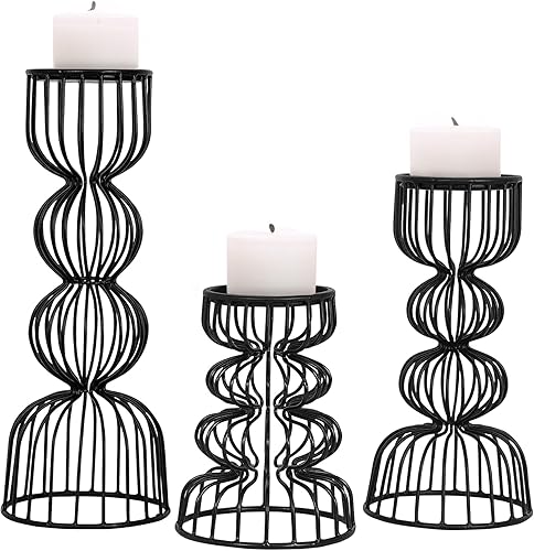 Miniatura 5 de Lainon Portavelas para velas de pilar (negro, juego de 3)  Juego de portavelas de metal negro hecho a mano  Pilar de metal para centro de mesa