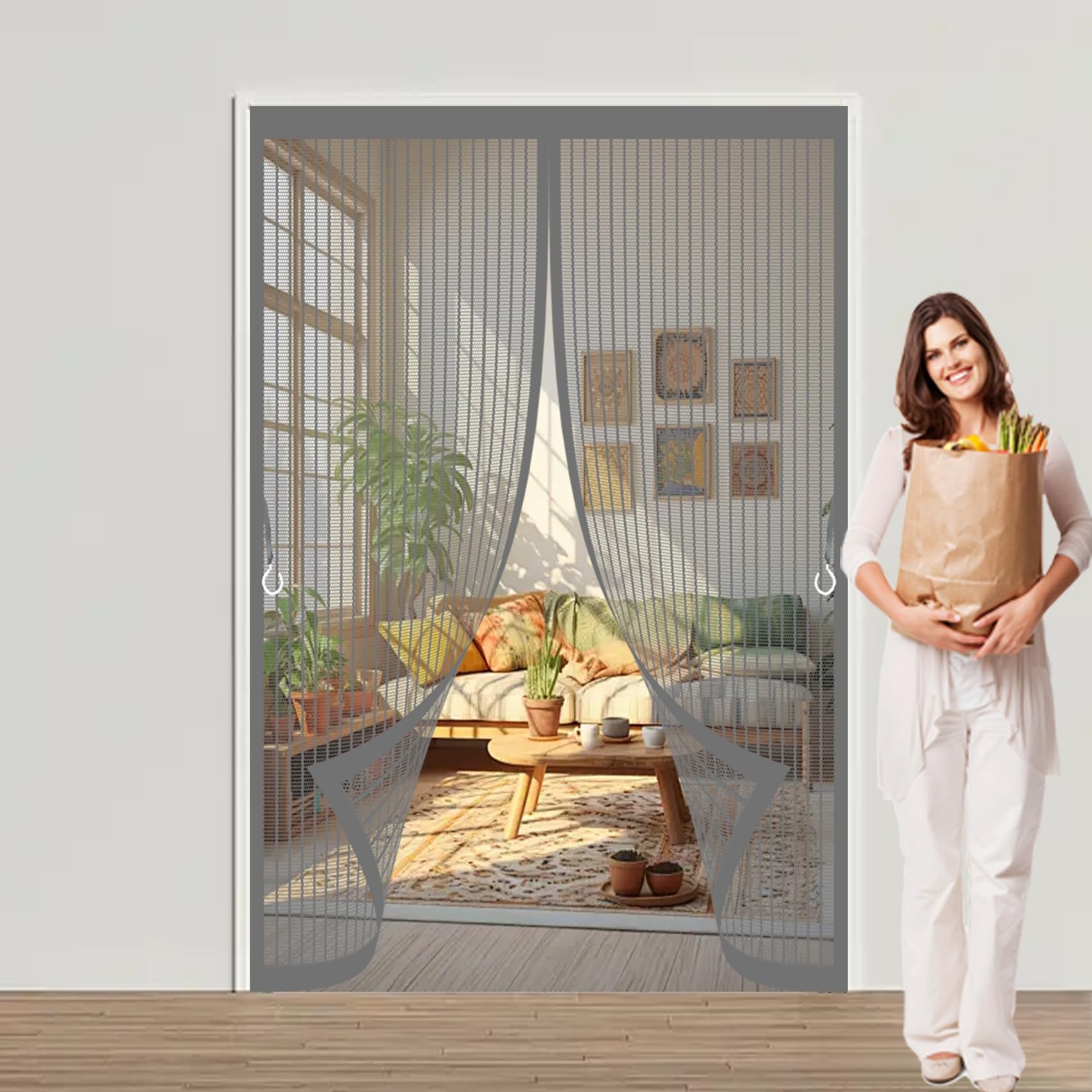 Door Fly Screen Curtain 185 x 175 cm Powerful Magnets, No Drill Installation, Automatically Closes, for Keeping Out Flies & Bug Thermal Insulated Door Curtain for Patio Doors Balcony, Grey