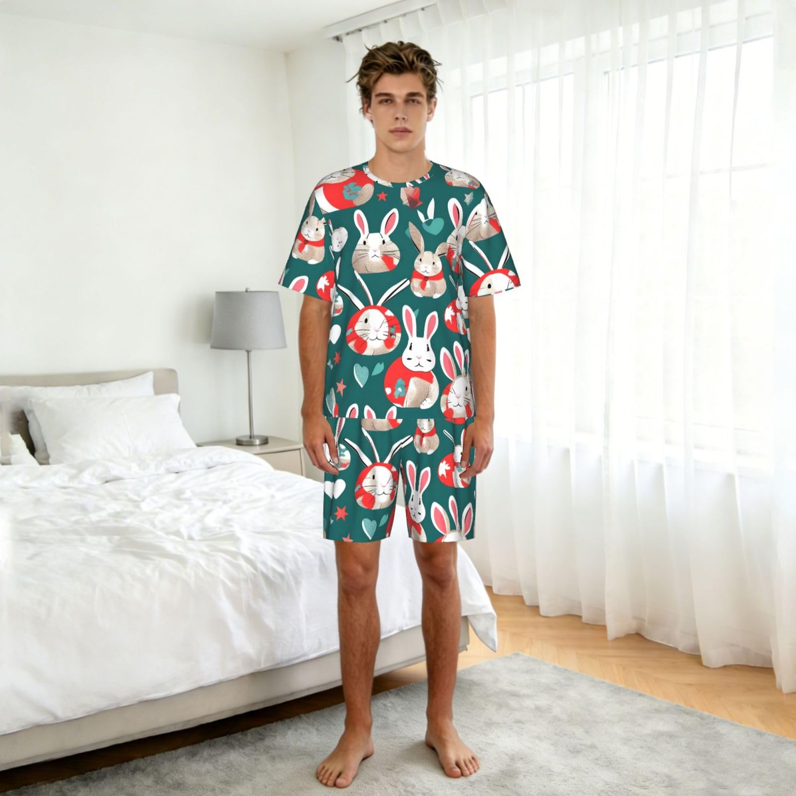 Conjunto de pijama clásico para hombre, con estampado de conejos, pantalones cortos de pijama suaves para hombre, perfecto para las noches de verano