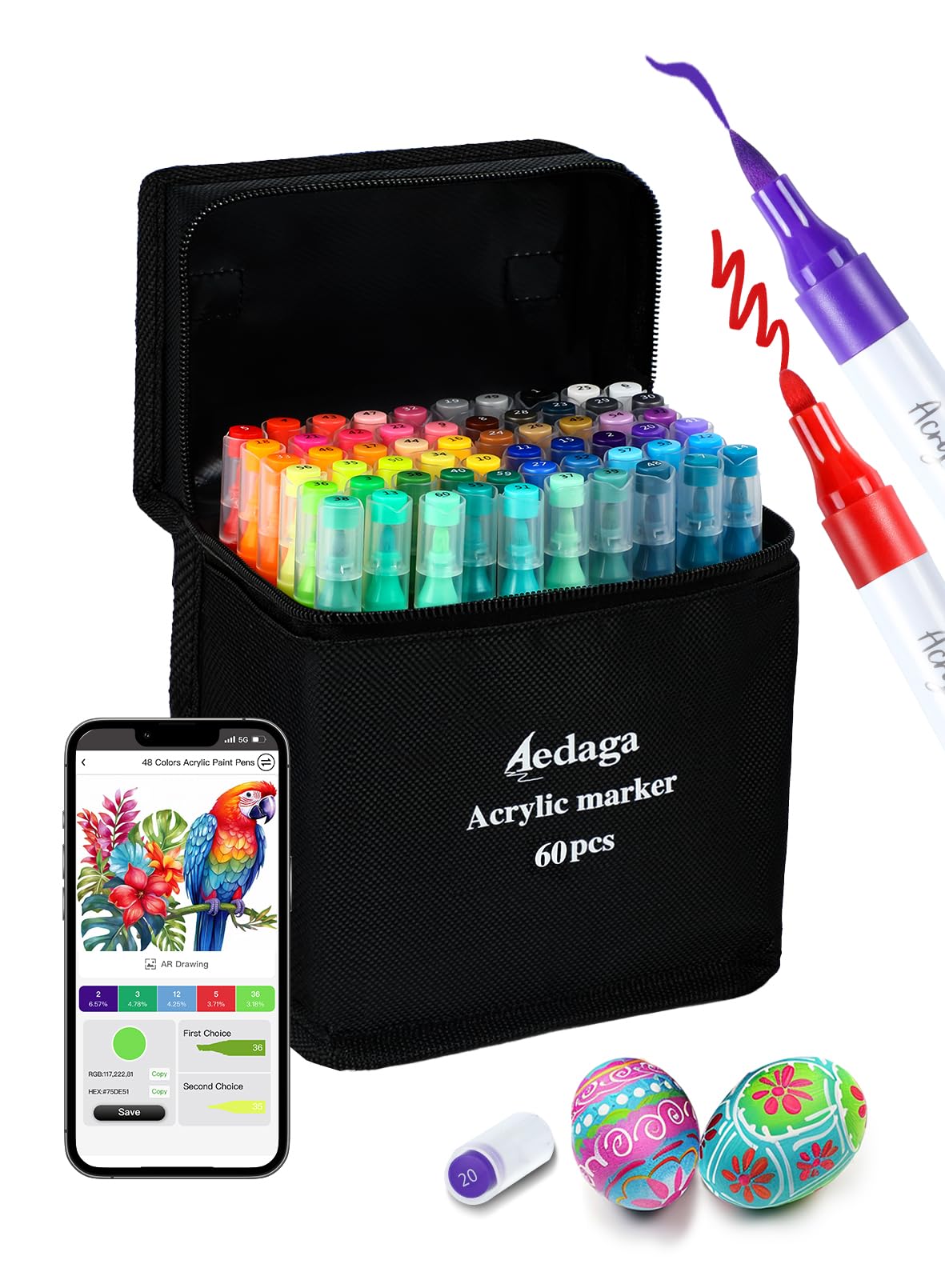 60 Colours Numbered Acrylic Markers, Dual Tip Acrylic Paint Pens with Brush and Fine Tips for Adults, Paint Markers for Wood, Canvas, Stone, Rock Painting, Glass, Ceramic Surfaces, DIY Crafts Making