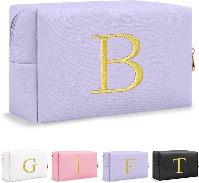 Necessaire de maquiagem UIXIZQ com letra bordada em dourado, roxa, modelo B