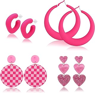 Lover Heart Dangle Earrings, Hot Pink Earrings Acrylic Resin Earrings Boho Floral Petal Earrings Beaded Hoop Earrings Statement Dangle Earrings Drop Earring for Women Girls Valentine's Day Jewelry Gift