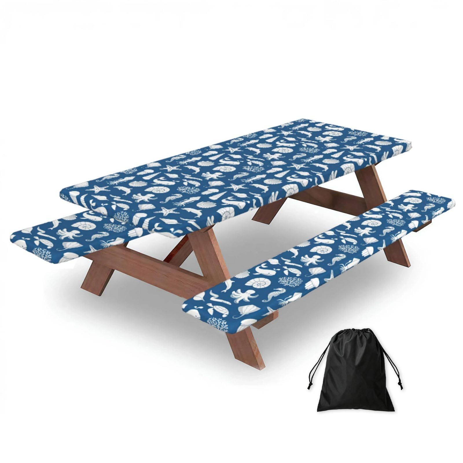 Yqxwjl Black Underwater Marine Life Print Camping Essentials Waterproof Camping Table And Bench Cover With Drawstring Bag 183 Cm