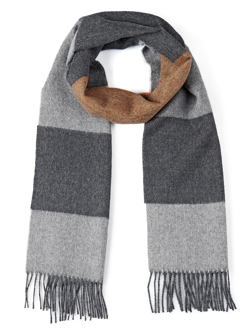 Inca Fashions - 100% Pure Baby Alpaca - Color Block Striped Scarf, Extra Long - 12 X 78 in | Unisex (Grey/Amber/Charcoal)