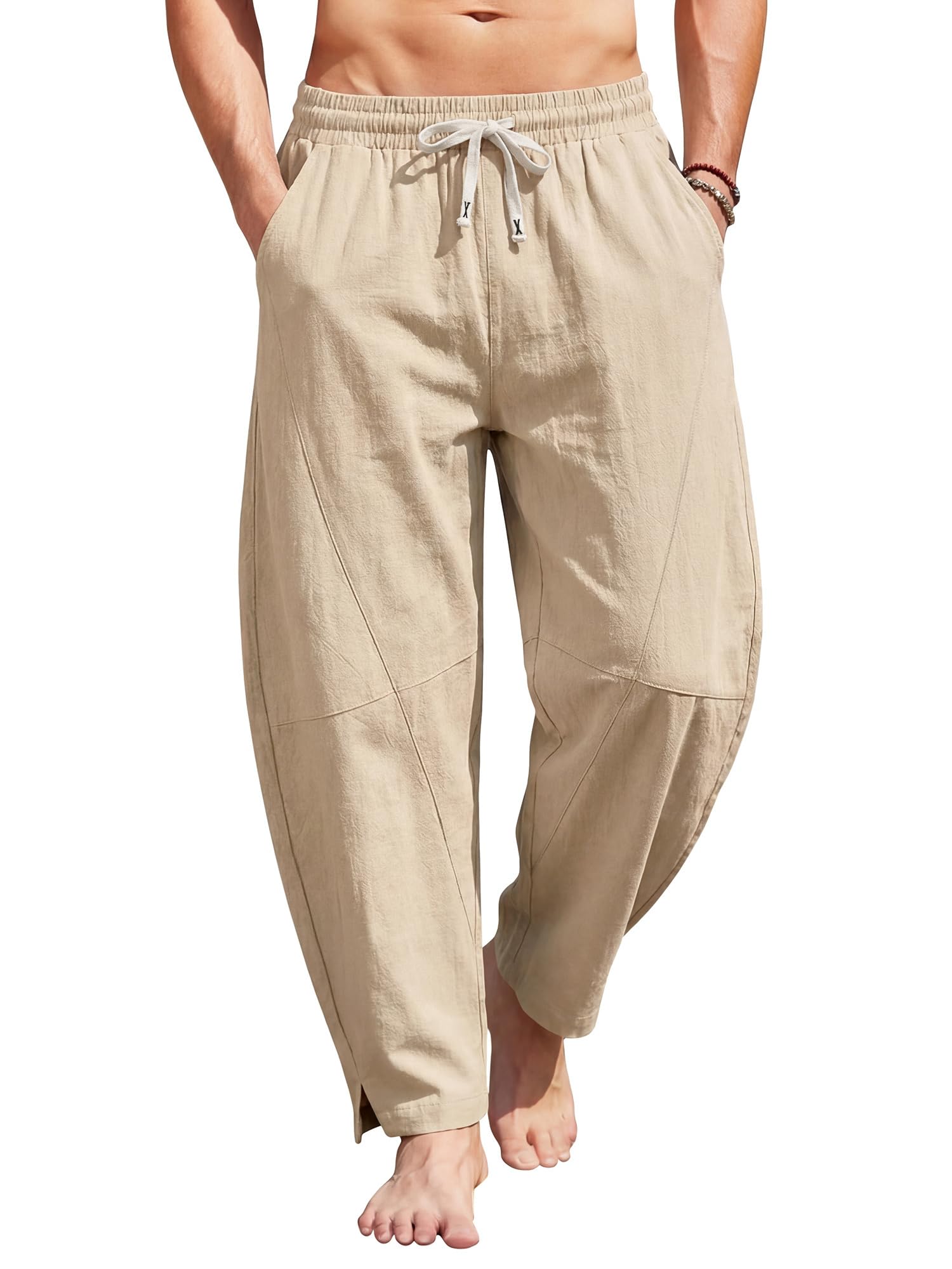 Mens Linen Pants Casual Harem Pants Lightweight Summer Beach Pants Drawstring Vacation Yoga Trousers with Pockets