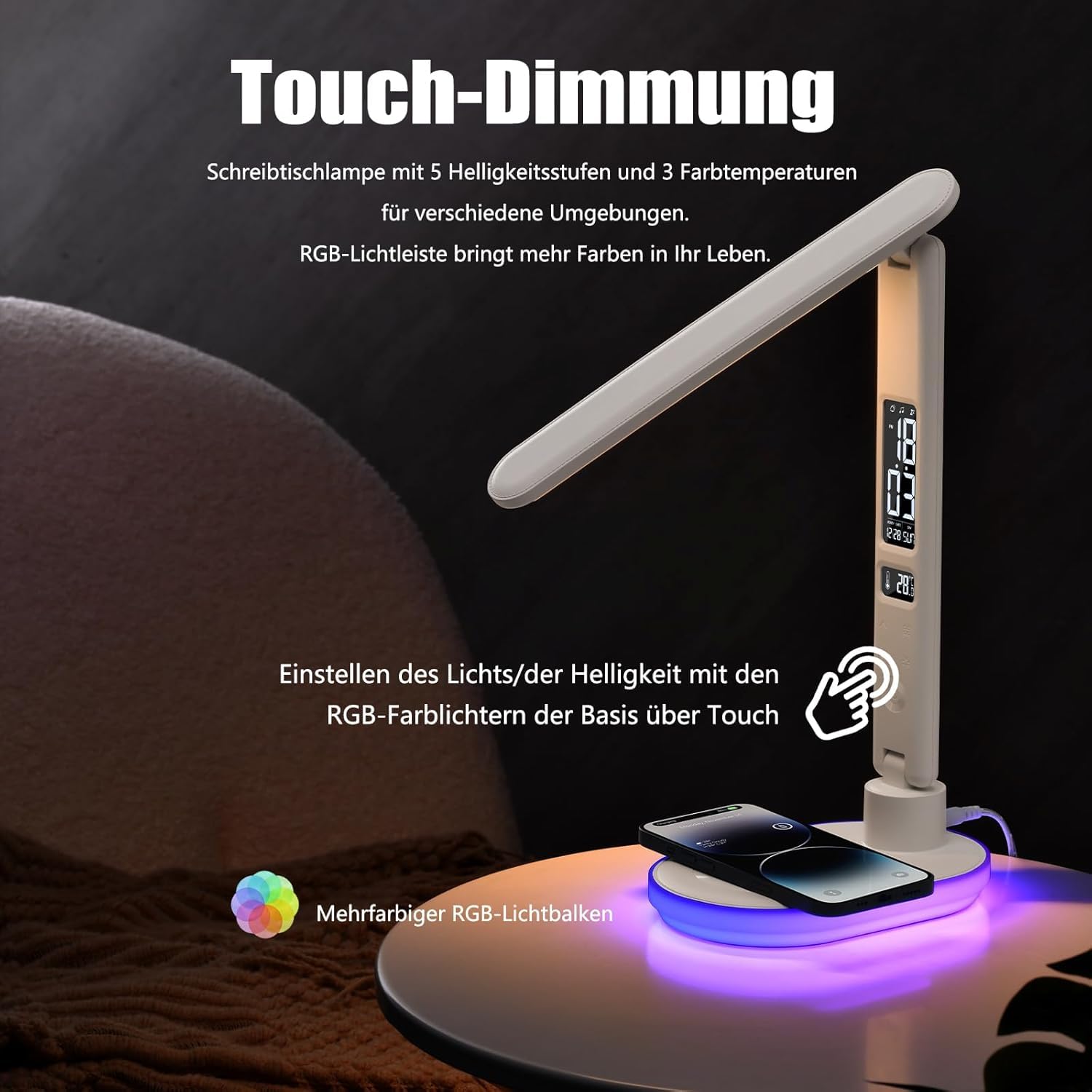 CCHKFEI Lámpara de Escritorio LED con Cargador Inalámbrico & Puerto USB, 3 Modos de Color con Lámpara Táctil de Escritorio, con Temperatura, Fecha, Reloj RGB para Cafetería, Escuela, Trabajo, Estudio