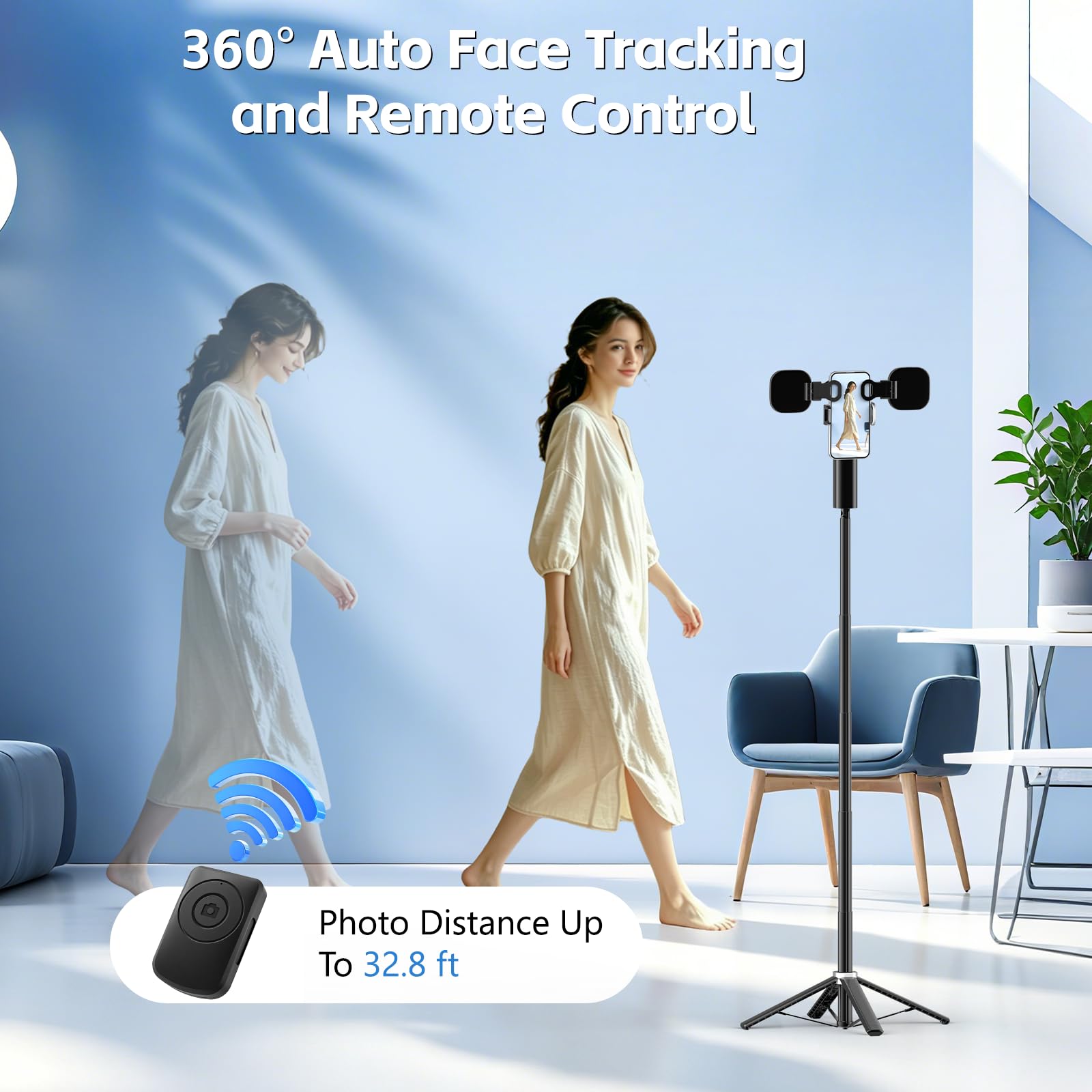 Treppiede per selfie per iPhone, rotazione a 360 gradi che segue il viso e il movimento (supporto 3 in 1 con luce a 2 anelli)