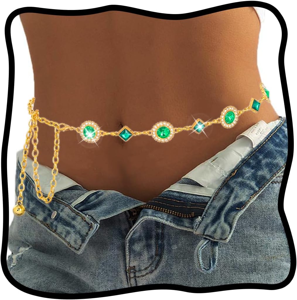 Urieo Rhinestone Waist Chain Belt Crystal Green Belly Chains Adjustable Bikini Beach Dress Chain Belts Body Jewelry for Women