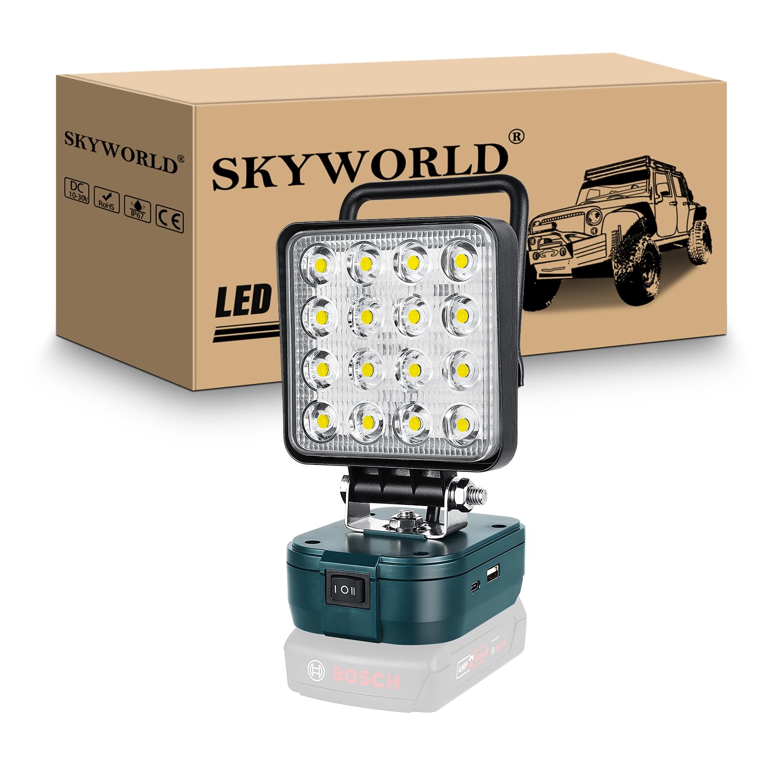 SKYWORLD Luz de trabajo LED inalámbrica para batería Bosch de 18 V, 48 W, 4800 lm, reflectores portátiles para iluminación de camping de bajo voltaje al aire libre, taller, garaje, lugar de trabajo