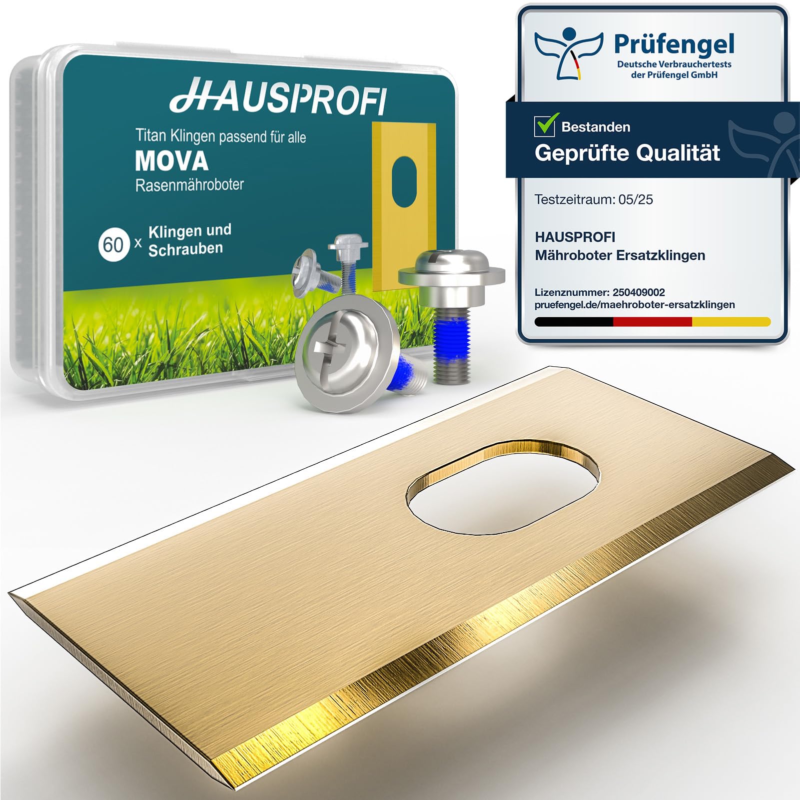 HAUSPROFI 60x Titan Ersatzmesser Ersatzklingen für MOVA 600, 600 Kit, 1000，LiDAX Ultra & NAVAX AWD Mähroboter, DIN EN 50636-2-107 geprüft, 60% langlebiger, inkl. Sicherungs-Schrauben & Box