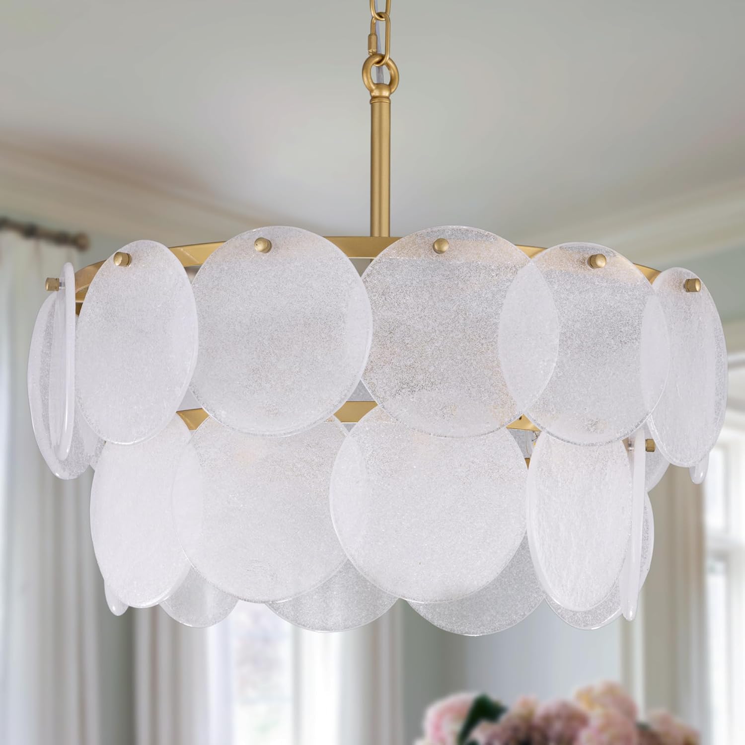 Wellmet Modern Glass Chandeliers, 2 Tiers Farmhouse Chandeliers for Dining Room, 5 Lights Gold Ceiling Light Fixture, Vintage Chandelier with Seeded Glass for Living Room, Bedrooms, Kitchen, 20''…