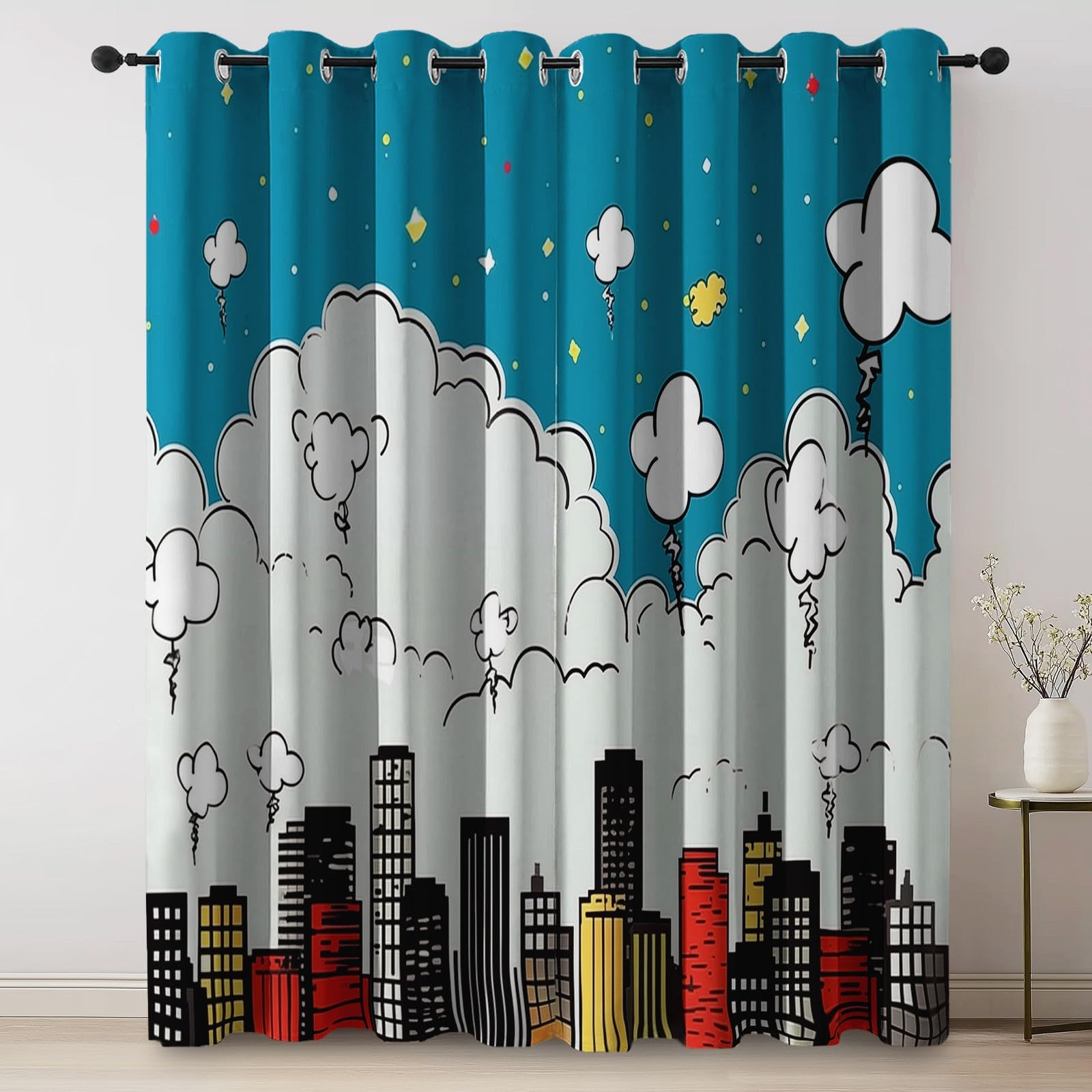 Rideau Occultant 140L X 250H cm (2 Panneaux) Rideaux Opaque Doux, Rideau Imprimé BD Horizon Urbain Nuages Thermiques Anti Chaleur pour Salon Chambre Fenetre Cuisine - Coloré