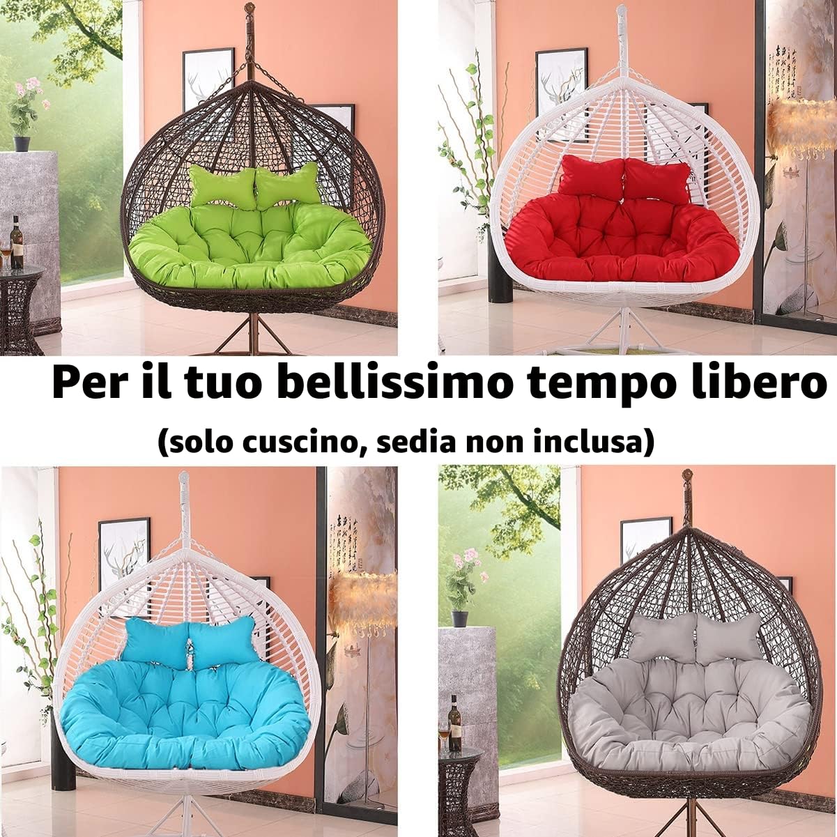 Poltrona a Dondolo Sospesa Doppia con Morbido Cuscino Profondo, Poltrona a Dondolo da Esterno a 2 Posti con Cordini, Completamente Imbottito, Design Non Crollabile (Grigio)