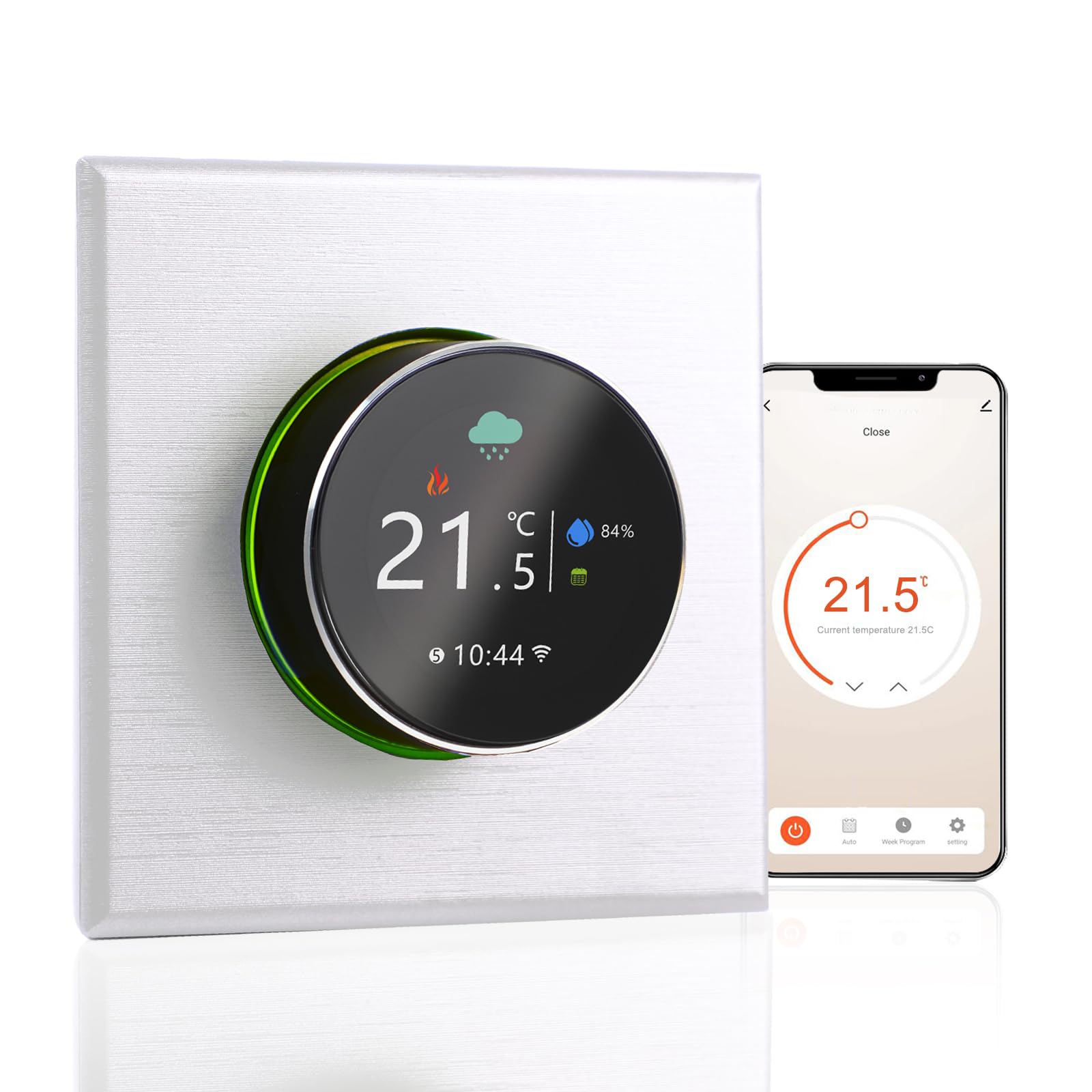 Termostato WiFi Programable for Calentador de Agua Compatible with | NTC3950, ±1℃ Precisión, 5A Carga Agua, 16A Suelo Radiante, Carcasa PC+ABS, Smartlife App, Caja 86mm, Caja Redonda 60mm