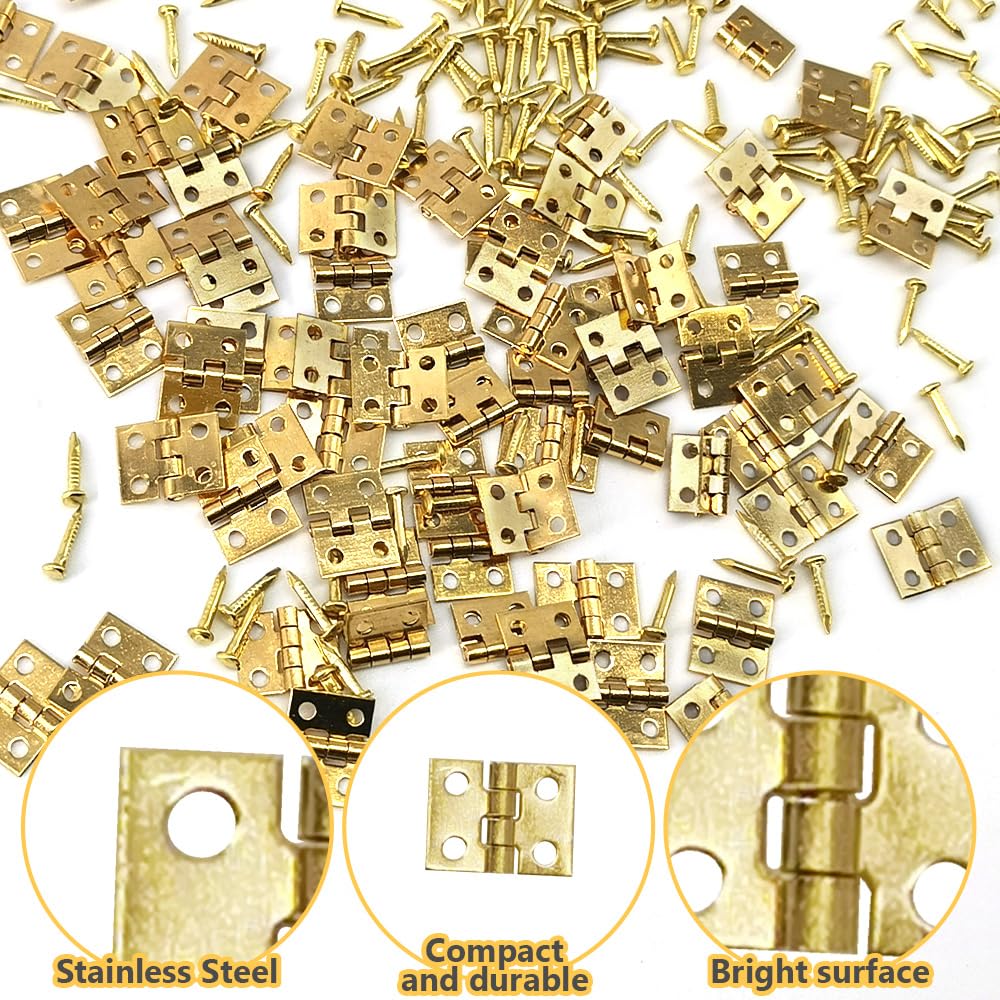 Ruidee 50 Pcs Mini Brass Hinges Miniature Furniture Cabinet Hinges for DIY Wooden Jewelry Box, Doll Houses, Tool BoxGold - Image 3
