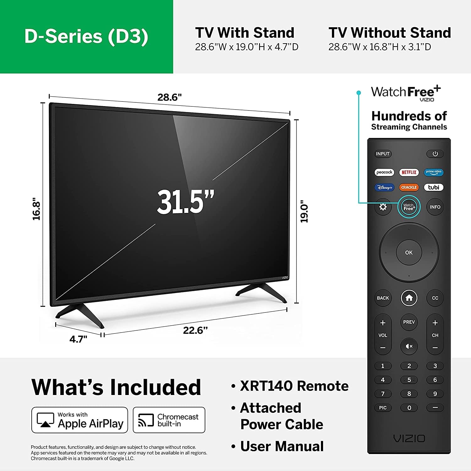 Diagrama que muestra las dimensiones del televisor VIZIO Serie D y el diseño del control remoto XRT140.