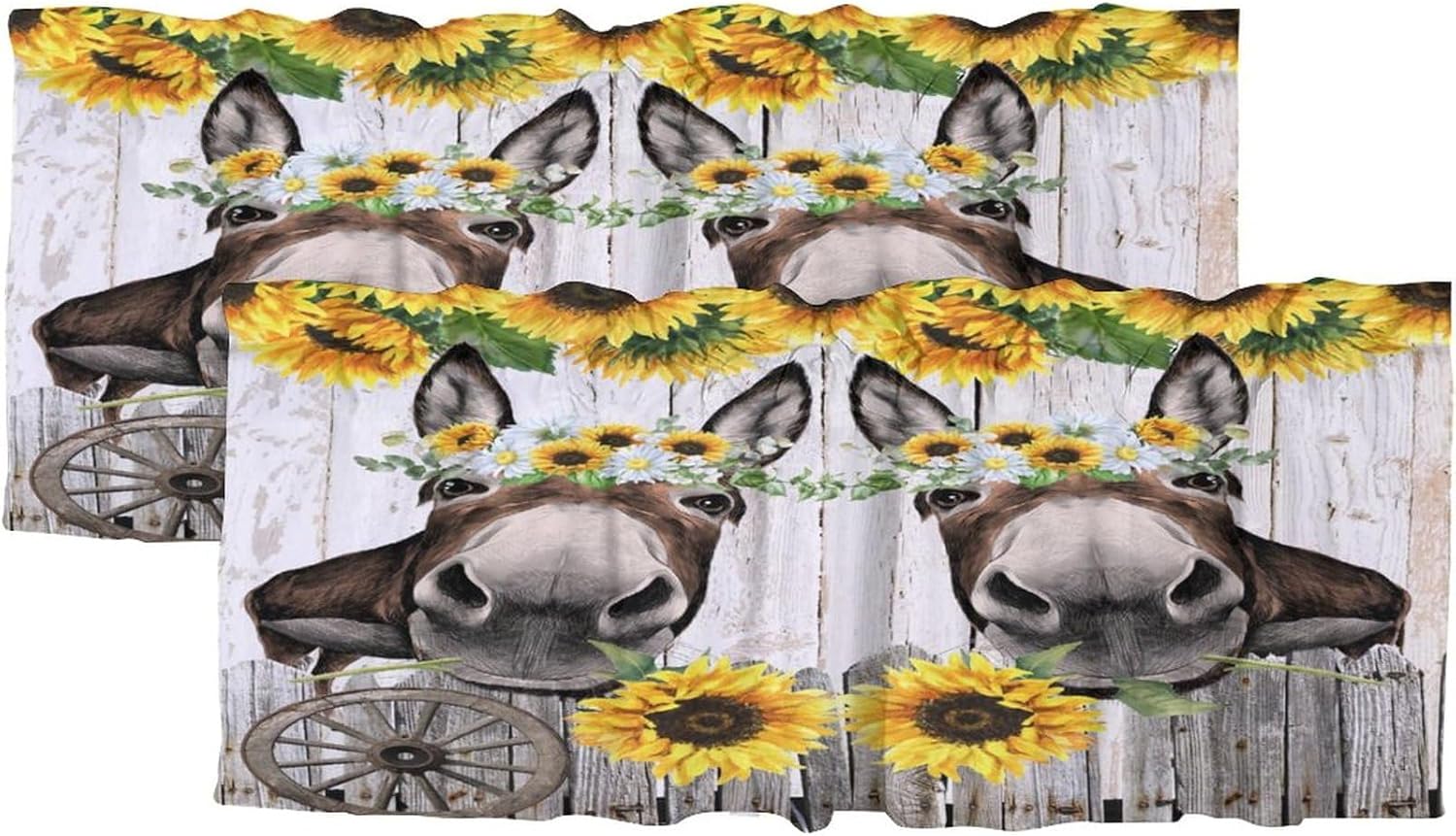 Rustic Farmhouse Donkey Rod Pocket Valance Curtains,Vintage Wooden Board Wheel Floral Sunflower Funny Cute Donkey Window Treatments Valances for Kitchen Living Bathroom 54x18inch（2Pcs）