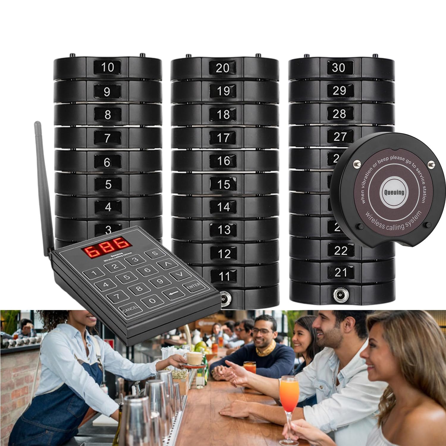 Localizador Inalámbrico para Clientes de Restaurantes,1 Teclado Emisor+10/20/30 Localizador Posavasos, Asistente para Recoger la Comida,30Pagers