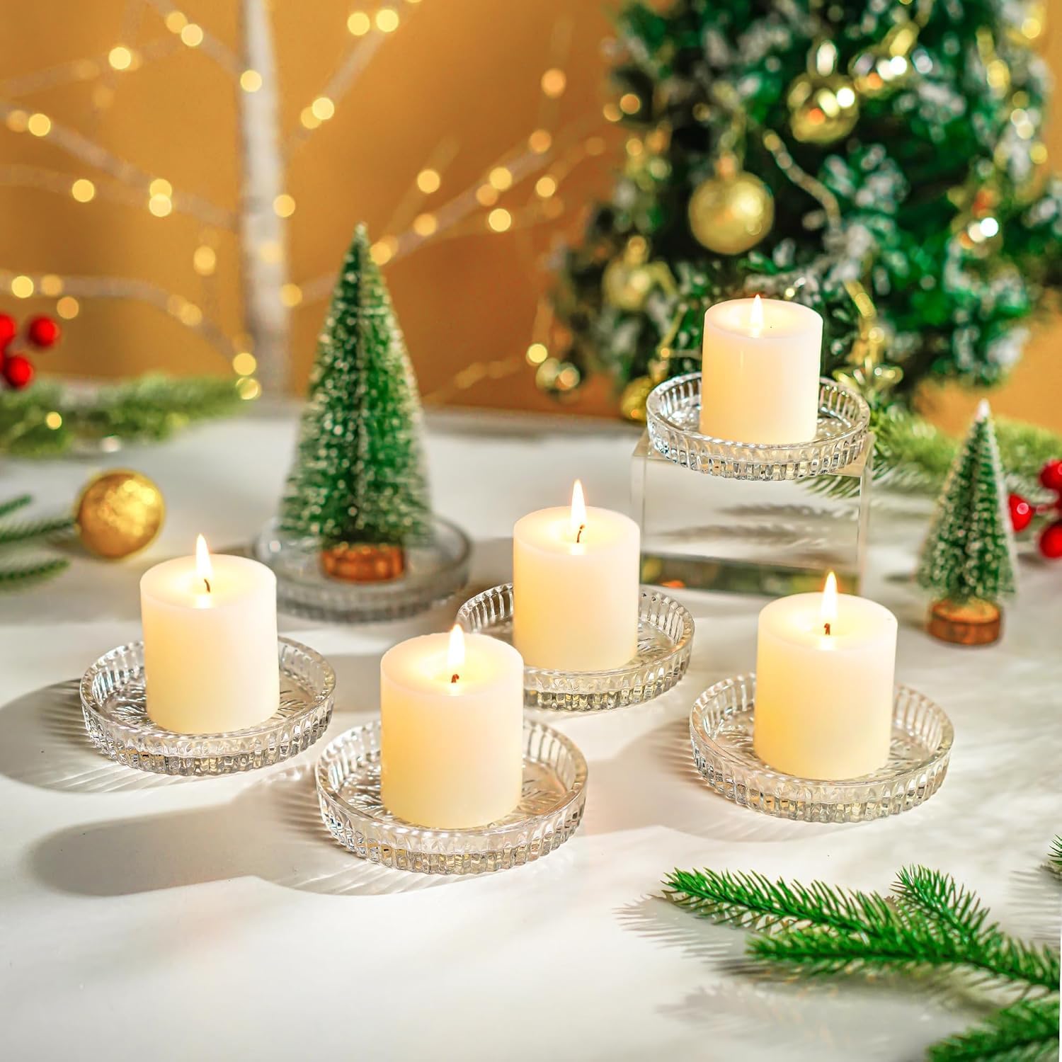 MYNA LIFE (Set of 6) 3.5 Inch Glass Candle Plates Round Votive Candle Holder Coaster Plate, Crystal Glass Candle Holder Plates for Pillar Candles, Clear Glasses Trays for Home Wedding Decoration