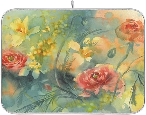Vista 111 de Tapete de secado de platos de flores de fondo negro para encimera de cocina de 18 x 24 pulgadas, tapete de microfibra absorbente, tapete de secado