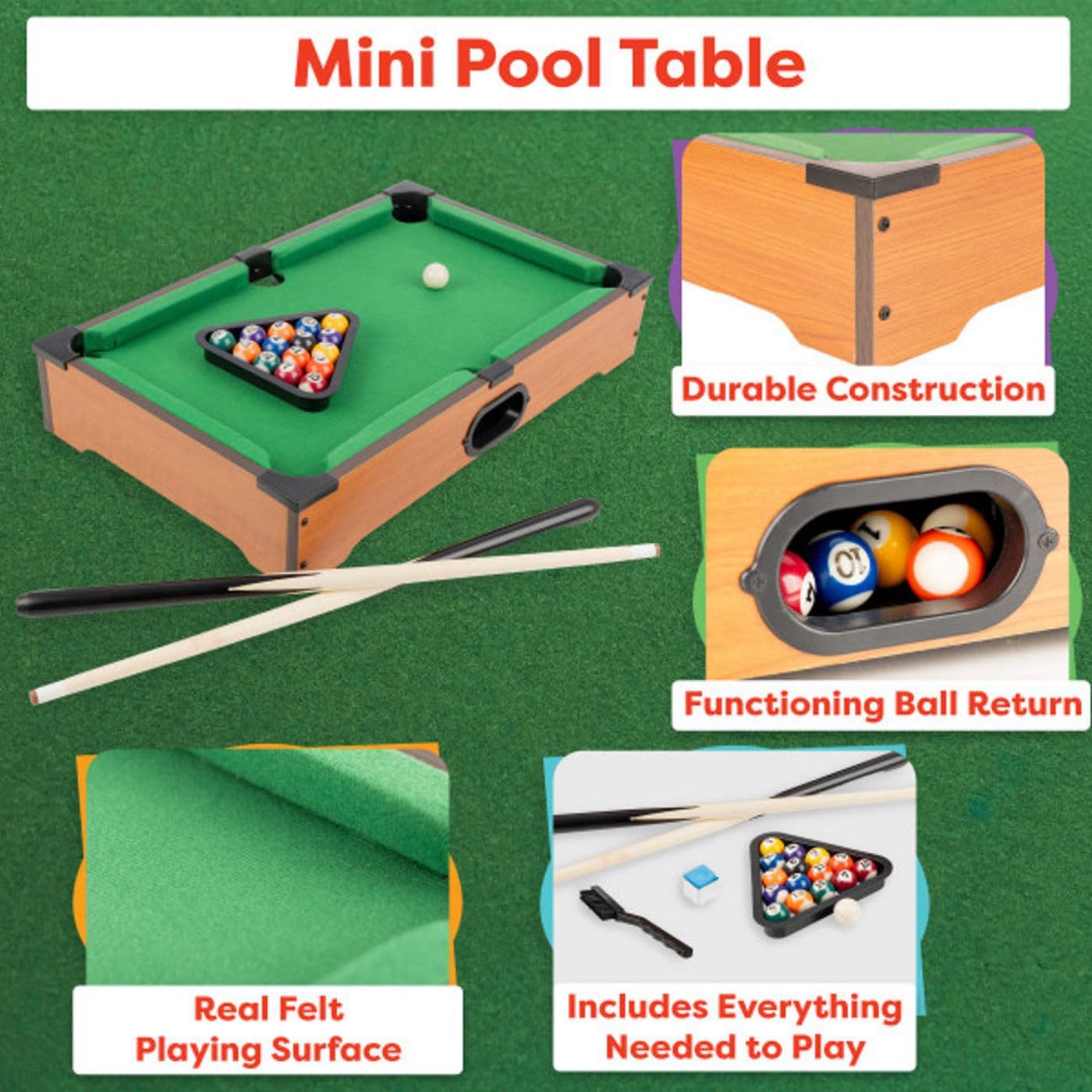 Mini Pool Table - 20-Inch Portable Tabletop Billiards Game with Cue Balls, Sticks, Chalk, Brush, and Triangle Rack - Table Games by Hey Play