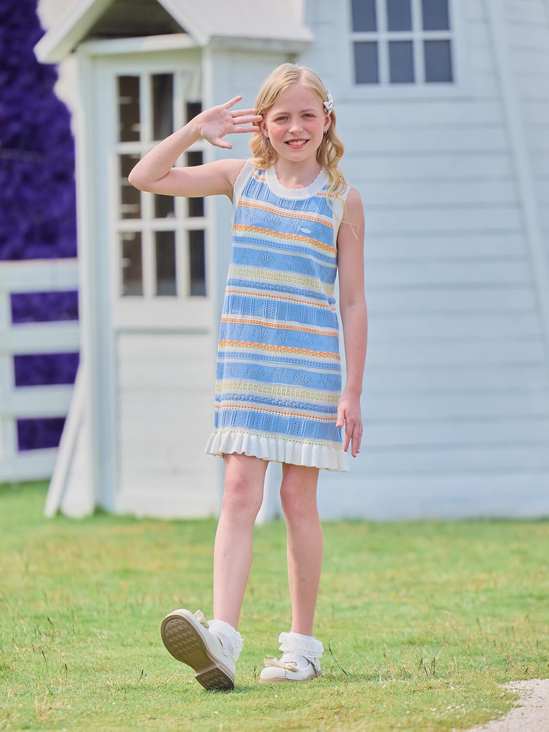 Girls Sleeveless Tank Dress, Blue Multicolor Striped Floral with Ruffle Hem Casual Summer Dress 6-16Y - Image 4
