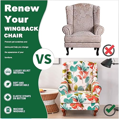 Miniatura 4 de Funda para silla Wingback, 2 piezas, fundas de silla de alta elasticidad, fundas para sillón, estampado de plantas, lavables, fundas de cojín