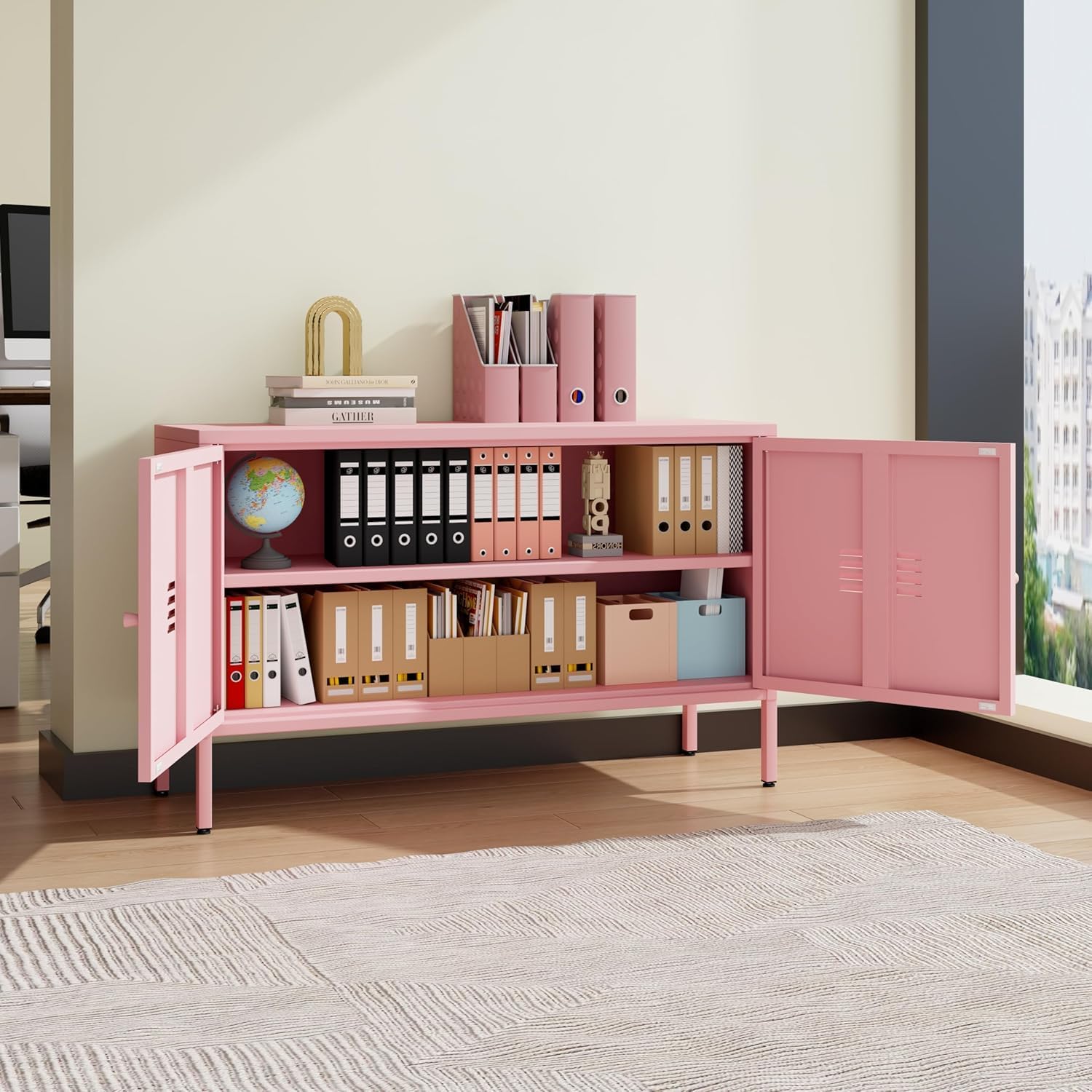 Low Storage Cabinet，Modern TV Stand with Doors，Pink Cabinet for Bedroom,Living Room,Pink