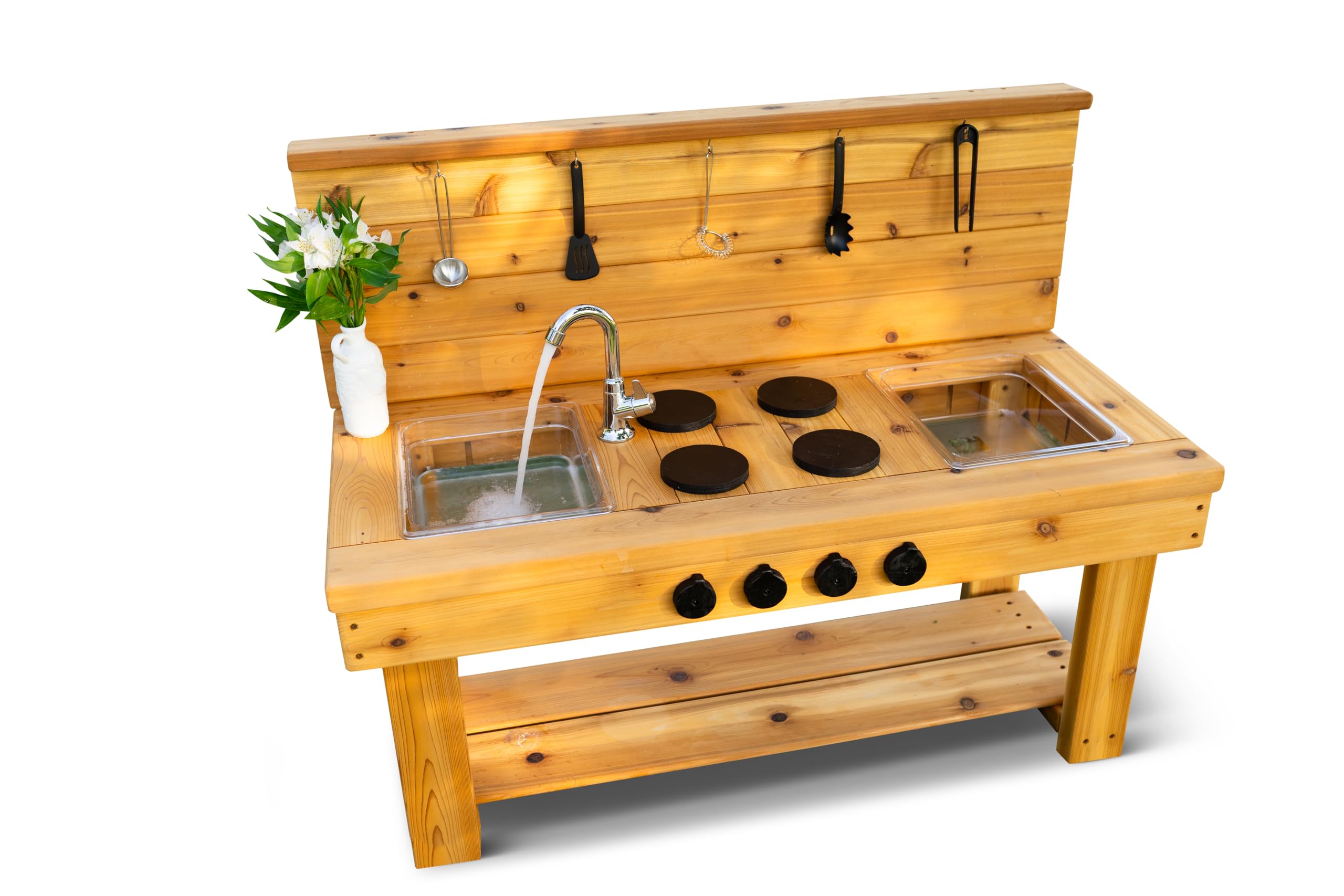 Noble Toys XL Cedar Outdoor Mud Kitchen Centered with Backsplash and Stovetop for Toddlers Kids | Pretend Play Table | Sensory Table | Outside Playset