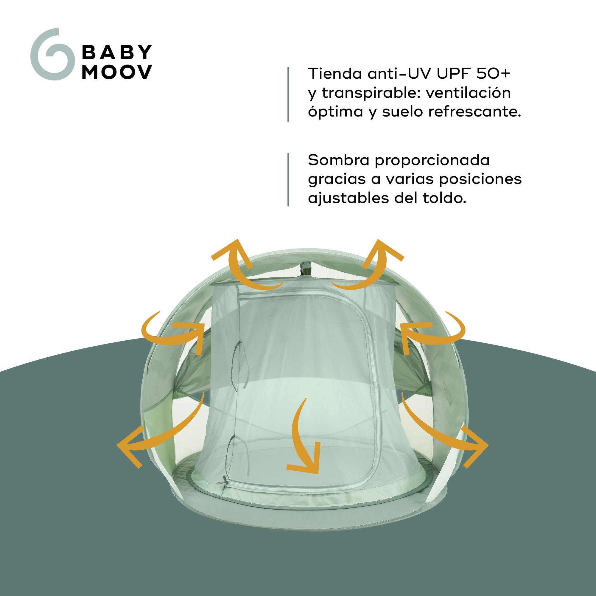Babymoov Moov & Protect Tienda Anti-UV Refrescante - Alta Protección Anti-UV UPF 50+ - Sistema Pop Up - Gran Tienda Anti-UV de Playa - Mosquitera de Malla Fina, Laguna Verde