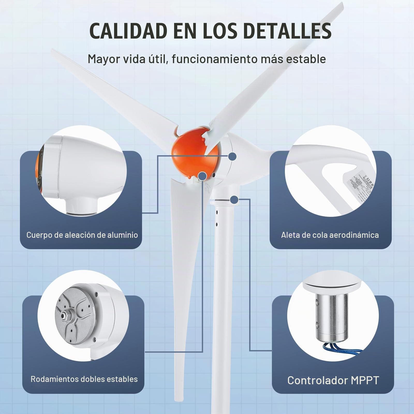 VEVOR Kit de Generador de Turbina Eólica 500 W 12V 3 Palas Controlador MPPT Dirección del Viento Ajustable Velocidad de Arranque del Viento 2,5 m/s con Anemómetro para Hogar, Granja, Vehículos, Barcos