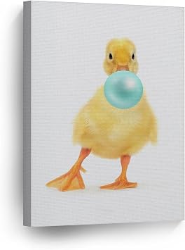Smile Art Design Portrait of Little Yellow Duckling Chewing Teal Blue Bubble Gum Canvas Wall Art Print Pet Bird Lover Gift Animal Pop Art Living Room Bedroom Kids Baby Nursery Room Decor - 12x8