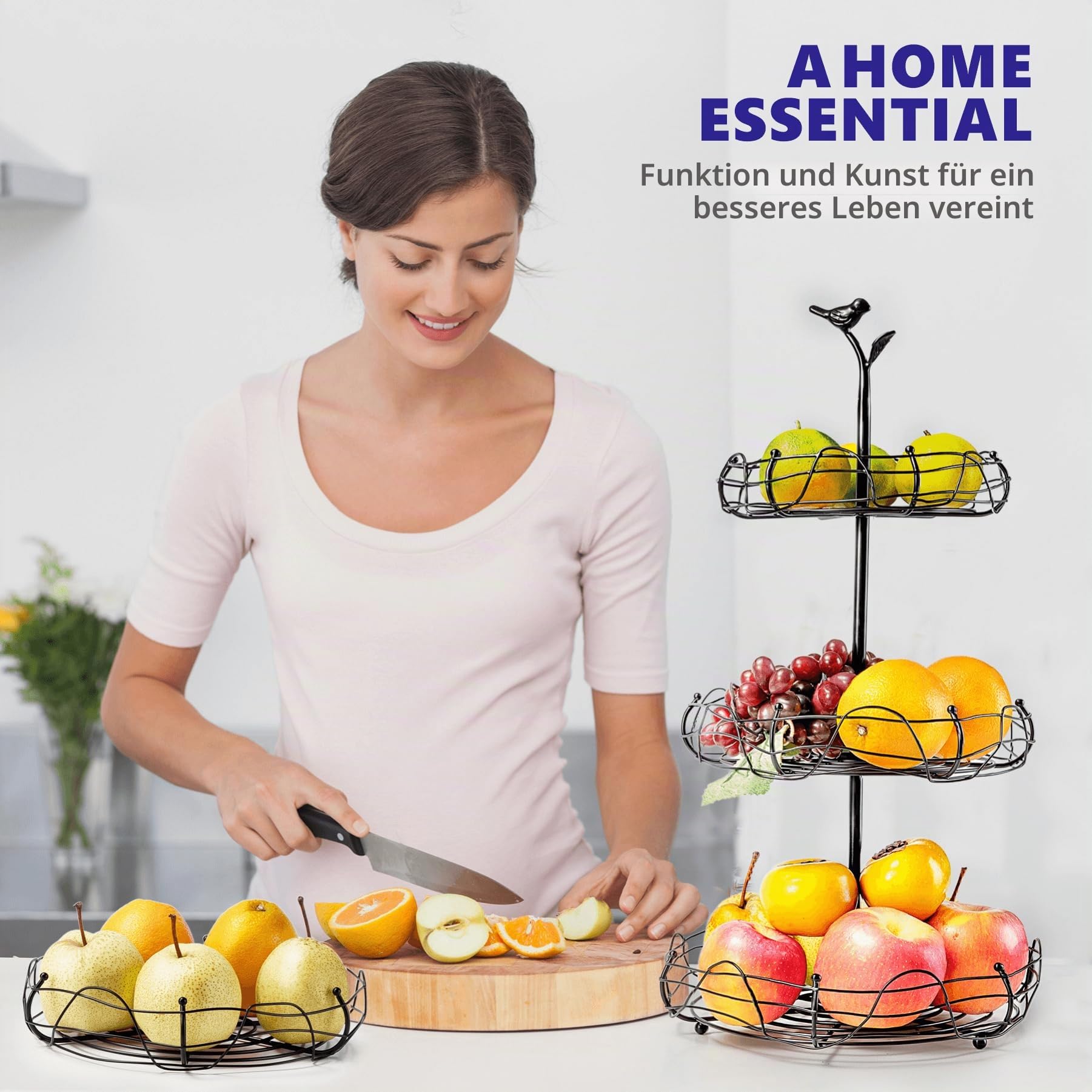 3-Tier Bird Nest Fruit Basket Stand with Cute Handle - Multi-Functional Metal Fruit and Vegetable Organizer for Kitchen Countertop, Ideal for Home Décor & Storage