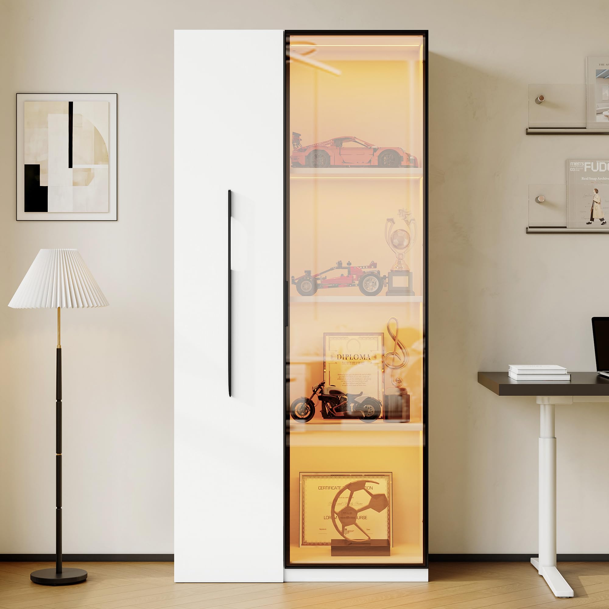 Libreria multifunzione vetrina 40 x 70 x 160 cm, con ante in vetro temperato, telaio in alluminio, 1 porta, 1 cassetto laterale, ruote, bianco