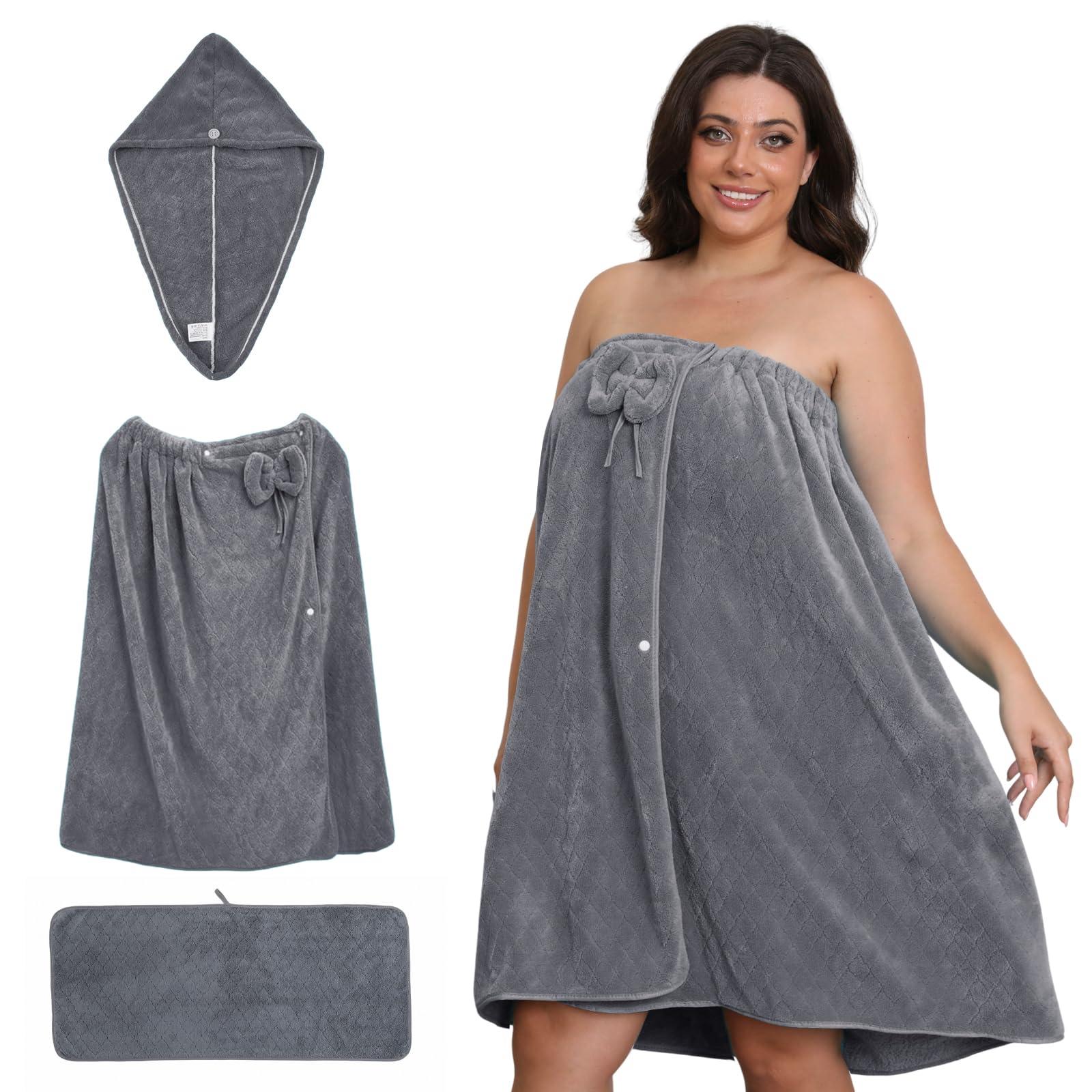 Emdelifo Plus Size Bath Towel Wrap for Women (XXL-XXXXL), Oversize Shower Wrap Dress Spa Bathrobe, Comfortable Adjustable Body Wrap + Hair Drying Towel + towel, Dry Quickly (GREY, 31X82INCH)