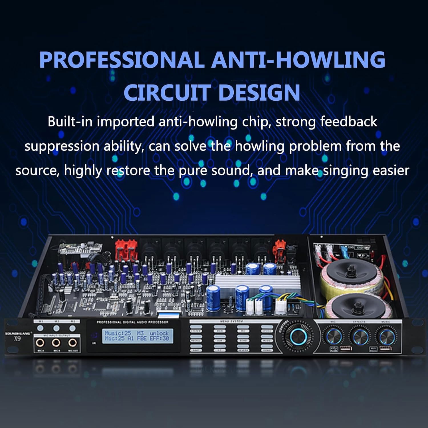 Procesador de audio profesional anti-acoples, efector digital de preamplificación para KTV, modo de reverberación, calidad de audio inteligente sin pérdidas, ecualizador doméstico con pantalla LCD HD