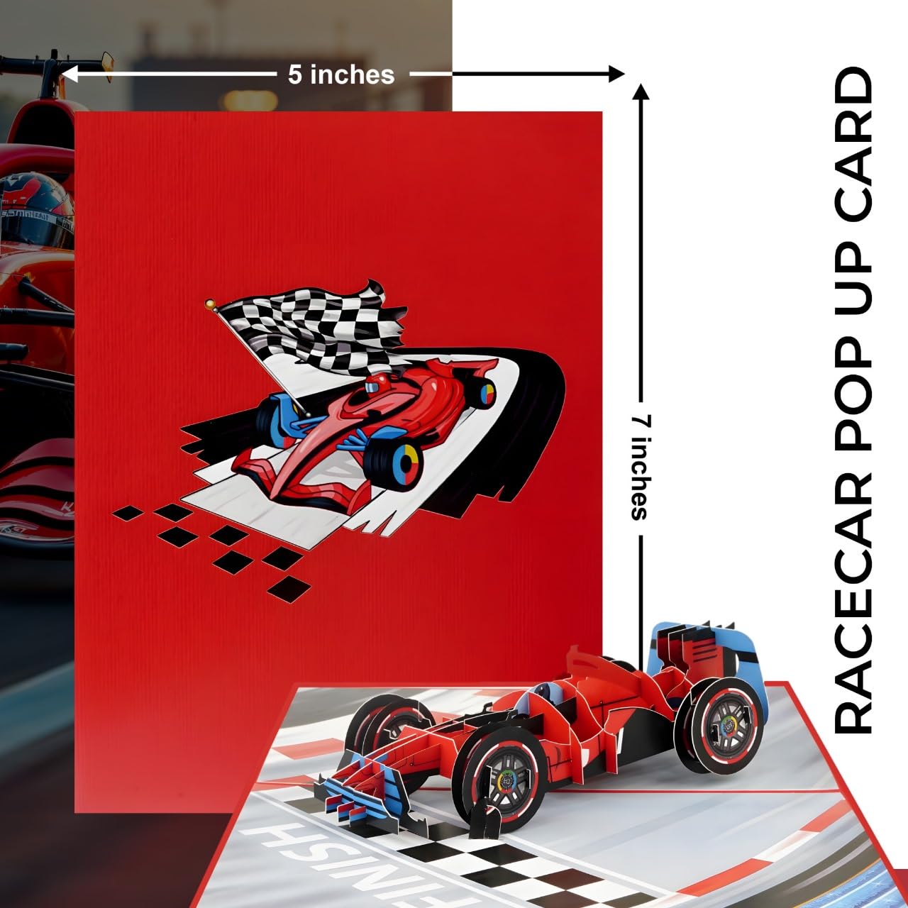 iGifts And Cards Racecar - Tarjeta de felicitación 3D desplegable – Fórmula 1, coche deportivo rojo F1, regalo de cumpleaños genial para papá, día del padre, fanáticos de las carreras, 5 x 7 pulgadas